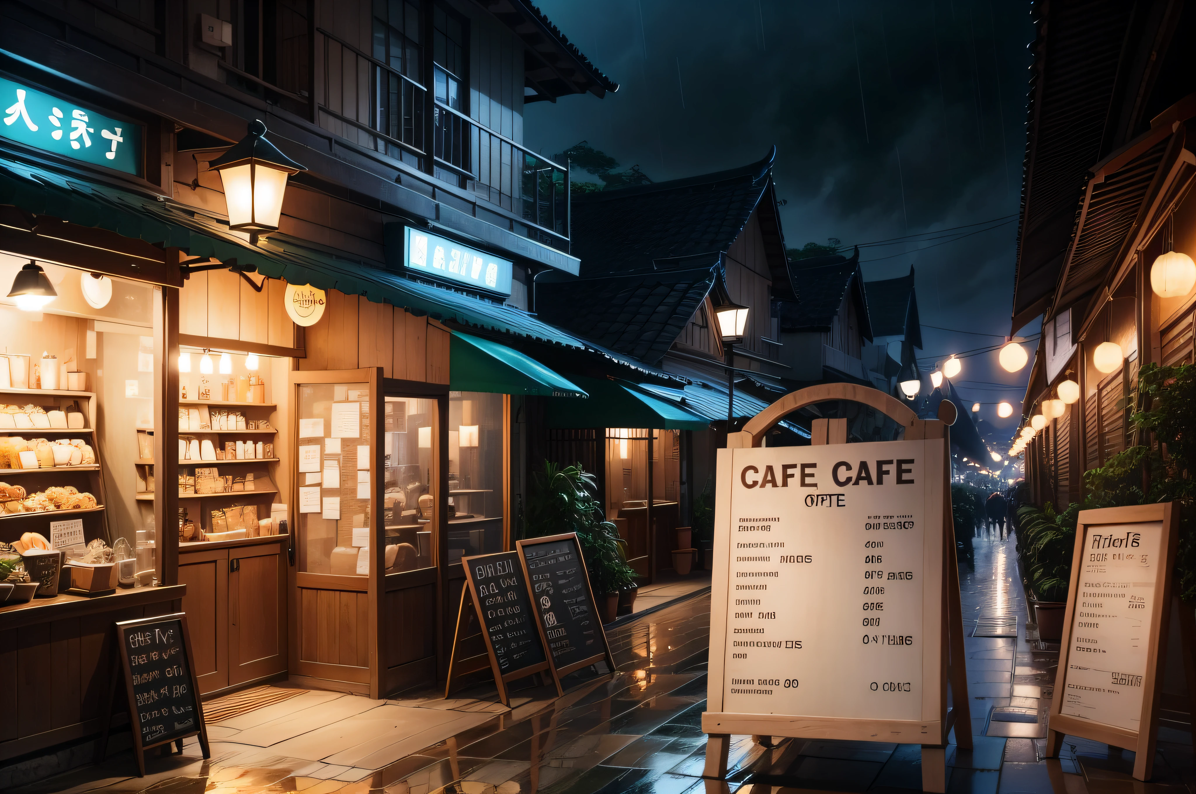 rainy season village cafe at street no people empty cafe at night and a board showing list of cafe item and their price