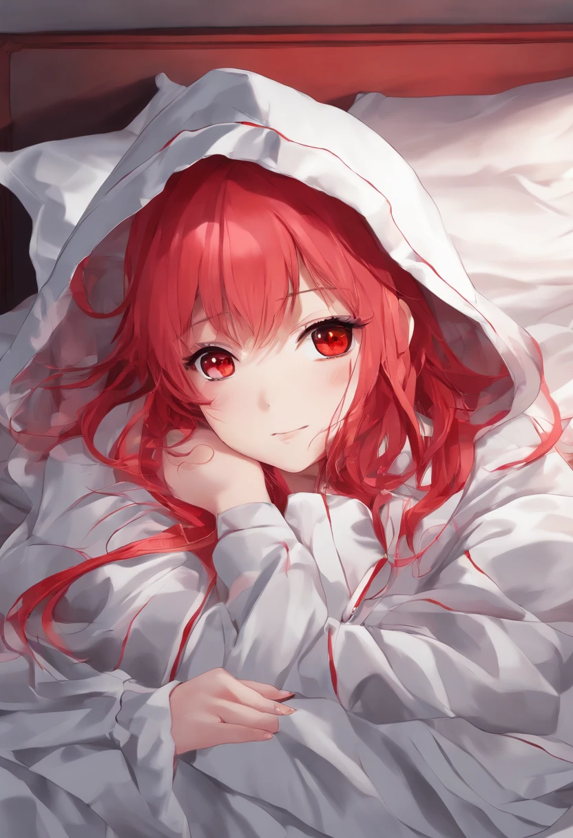 (photorealistic image:1.3), (Red-Hooded Anime Girl:1.2), lying on a bed, (intense red eyes:1.1), (vibrant red hair:1.2), (soft lighting:1.2), (detailed bedding:1.1), (high resolution:1.2), (portrait shot:1.1)"