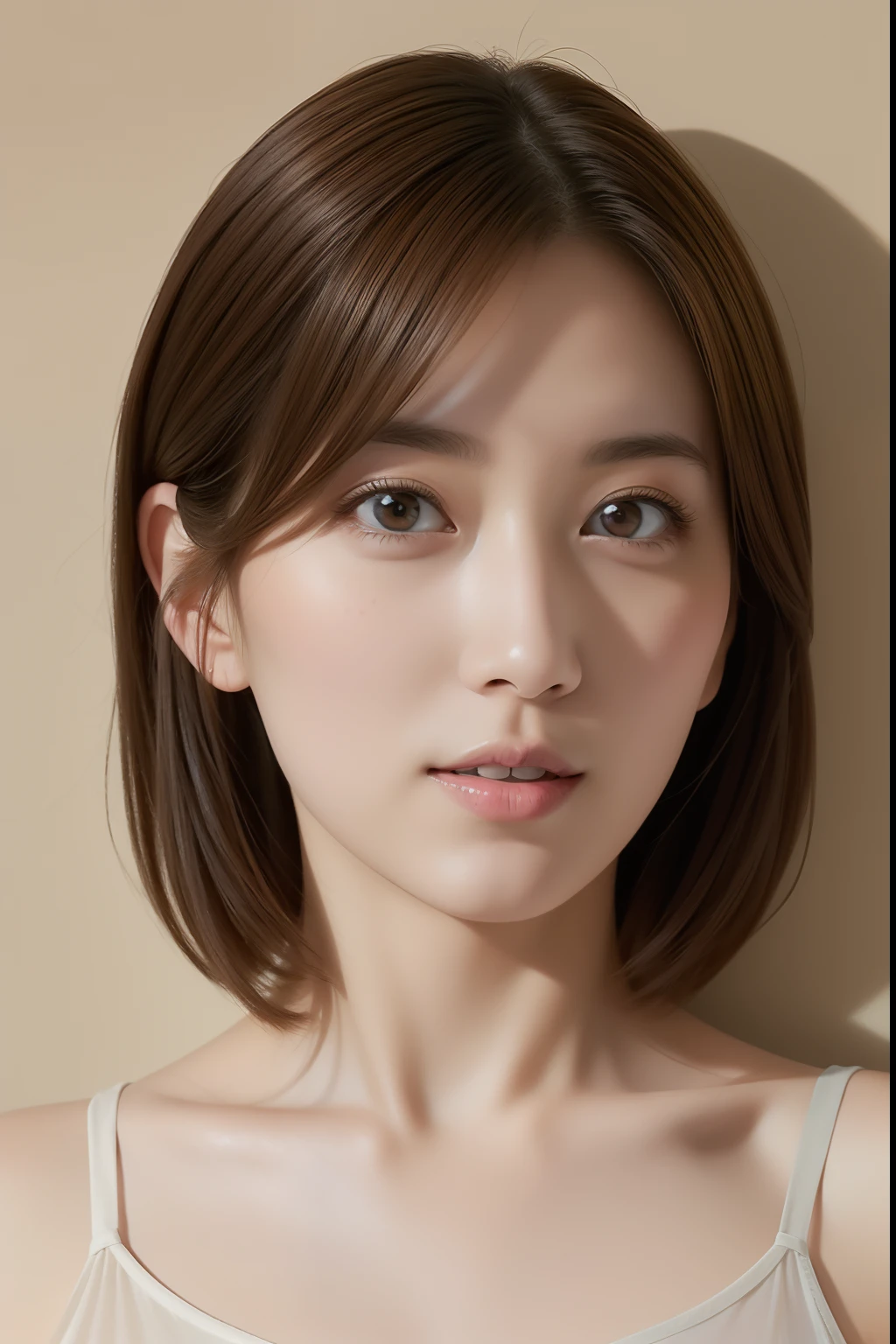 ((masterpiece, top quality, high definition)), 1 girl, (photorealistic: 1.4), solo, white background, snow-white background, mouth closed, happy smile, happy smile, pretty black hair, short hair, big eyes, clear double eyelids, eyelashes, ears out, long neck, long neck, absolute area, ((face close-up)), (drawing all head, shoulders), 19 years old, Attractive proportions, shiny skin, clean collarbone, golden ratio face, perfect face, teardrop mole, mole on chest, bangs, clean bangs, lip gloss, thin lips, pale skin, naked, big breasts, small face, small face, head all drawn, shoulders all drawn, look up at camera