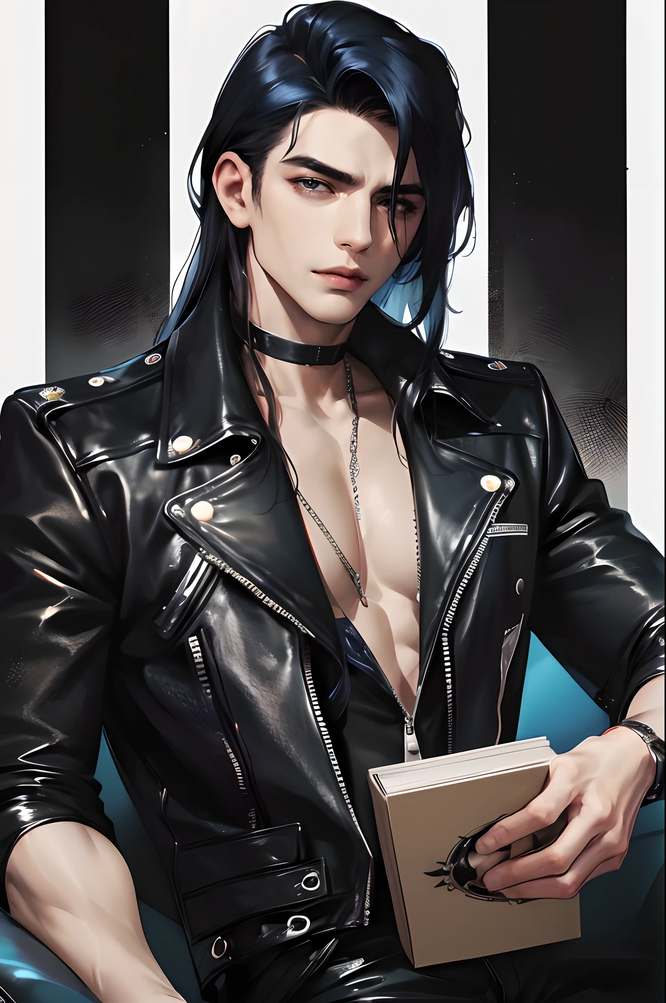 cover for a book, photography of a heavy metal star, a solo man, (((man))), (masculine face), 25 years old, singer, bad boy, (black eyes), expressive look, long dark blue black hair, (((bar background))), straight hair, blueshine hair, unshaven, black leather jacket, long sleve jacket, leather pants, chest tattoo, super detailed face, perfect body, perfect shapes, realistic image, award winning photography, 8k,