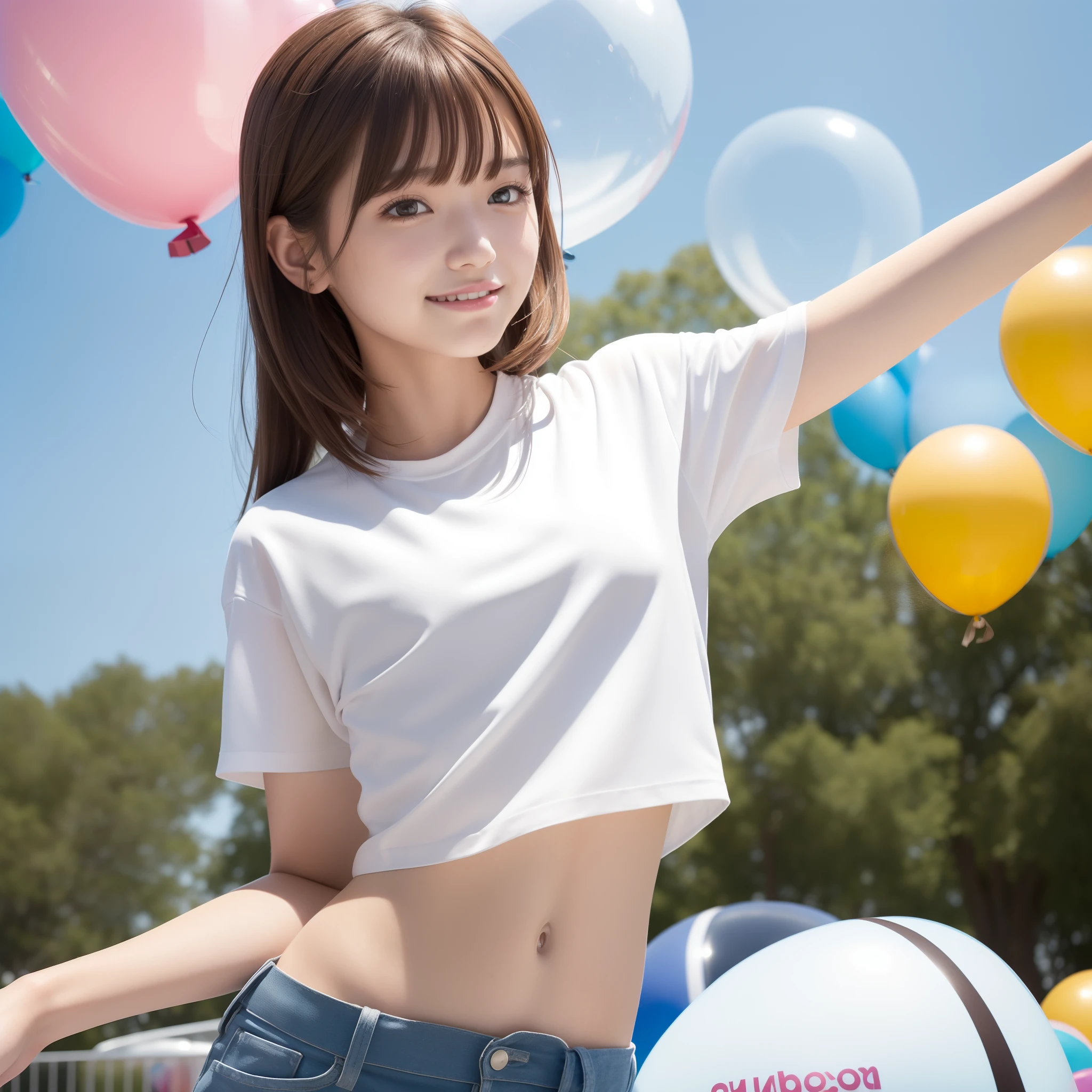 masutepiece, Super Detail, High quality, awardwinning, 8K, Textured skin, (Lots of balloons in the back, various colors), girl, Solo, Brown hair, Medium Hair, Bangs, Smile, Closed mouth, White T-shirt, on the park, Blue Sky Background, reflective light, Film grain