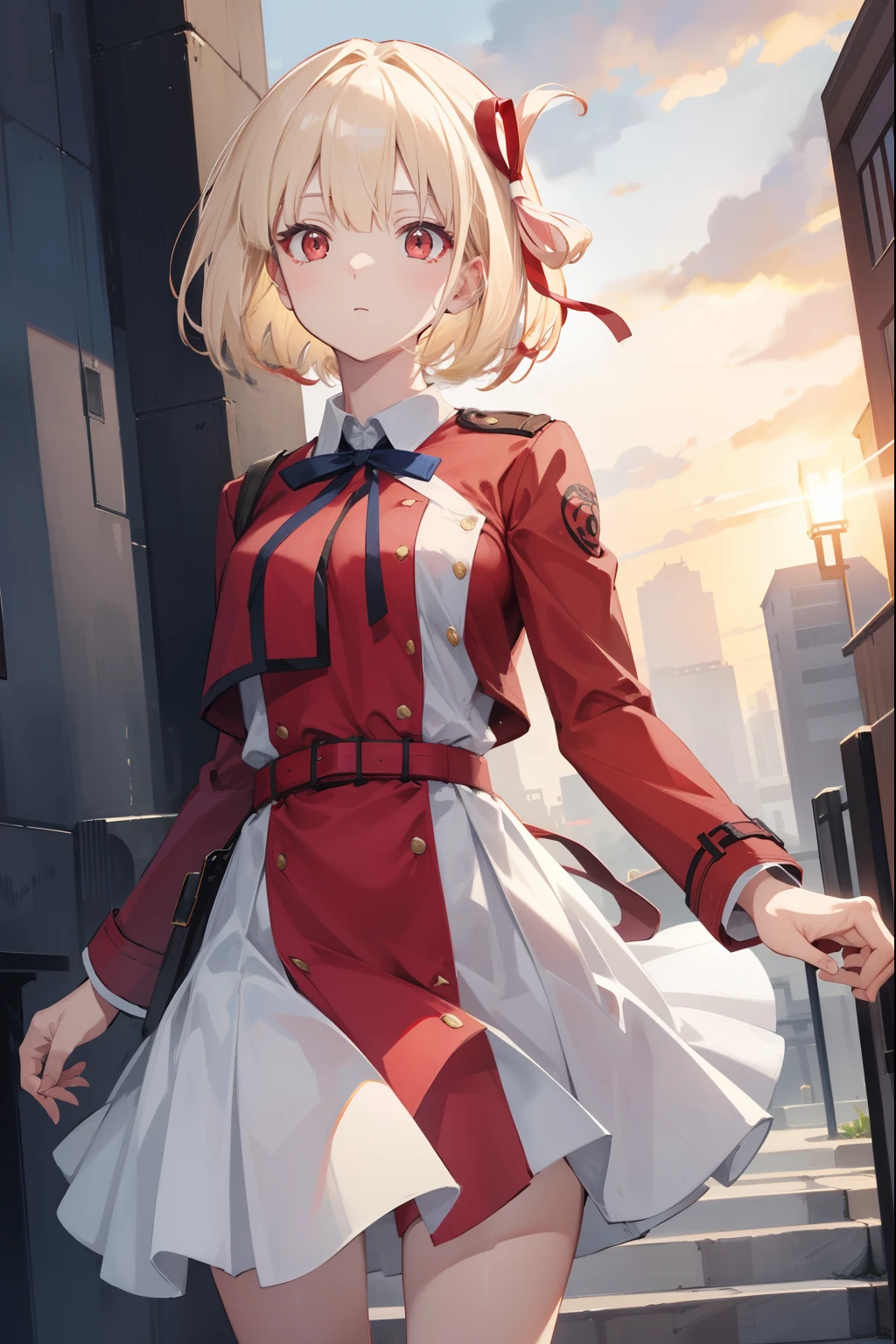 chisatonishikigi, nishikigi chisato, short hair, bangs, blonde hair, (red eyes:1.5), hair ribbon, one side up, bob cut,
BREAK shirt, long sleeves, dress, ribbon, white shirt, collared shirt, belt, neck ribbon, red dress, blue ribbon, pleated dress, grey dress, two-tone dress, red belt, lycoris uniform,,
BREAK outdoors, city,
BREAK looking at viewer, BREAK (masterpiece:1.2), best quality, high resolution, unity 8k wallpaper, (illustration:0.8), (beautiful detailed eyes:1.6), extremely detailed face, perfect lighting, extremely detailed CG, (perfect hands, perfect ???????),