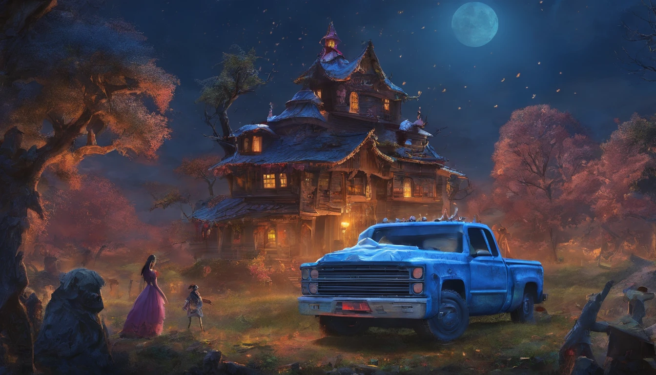 (Masterpiece), (Best quality), (Ultra-detailed), Sakura zombies, 1girll, zombie, Blue skin, Cowboy shot, Outdoors, (trucks:1.3), Night