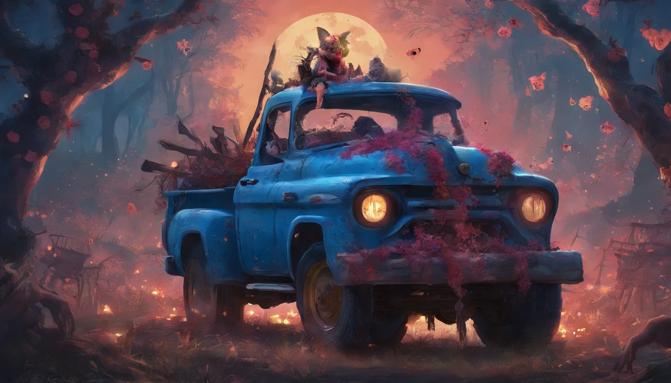 (Masterpiece), (Best quality), (Ultra-detailed), Sakura zombies, 1girll, zombie, Blue skin, Cowboy shot, Outdoors, (trucks:1.3), Night