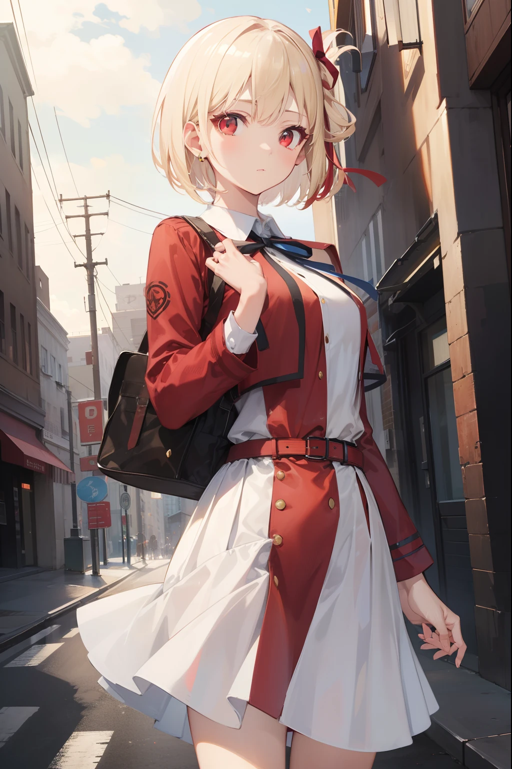 chisatonishikigi, nishikigi chisato, short hair, bangs, blonde hair, (red eyes:1.5), hair ribbon, one side up, bob cut,
BREAK shirt, long sleeves, dress, ribbon, white shirt, collared shirt, belt, neck ribbon, red dress, blue ribbon, pleated dress, grey dress, two-tone dress, red belt, lycoris uniform,,
BREAK outdoors, city,
BREAK looking at viewer, BREAK (masterpiece:1.2), best quality, high resolution, unity 8k wallpaper, (illustration:0.8), (beautiful detailed eyes:1.6), extremely detailed face, perfect lighting, extremely detailed CG, (perfect hands, perfect anatomy),