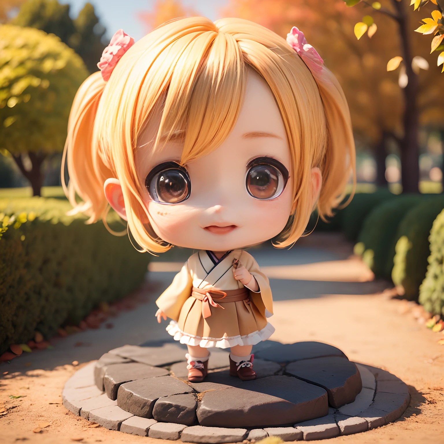 Cute  Chibi Anime、(((chibi3d))) (best quality), (masterpiece)、Taisho Roman、Colored leaves、Royal Botanic Gardens in Autumn、specimen、Open your mouth and smile、Standing、stone pavement、