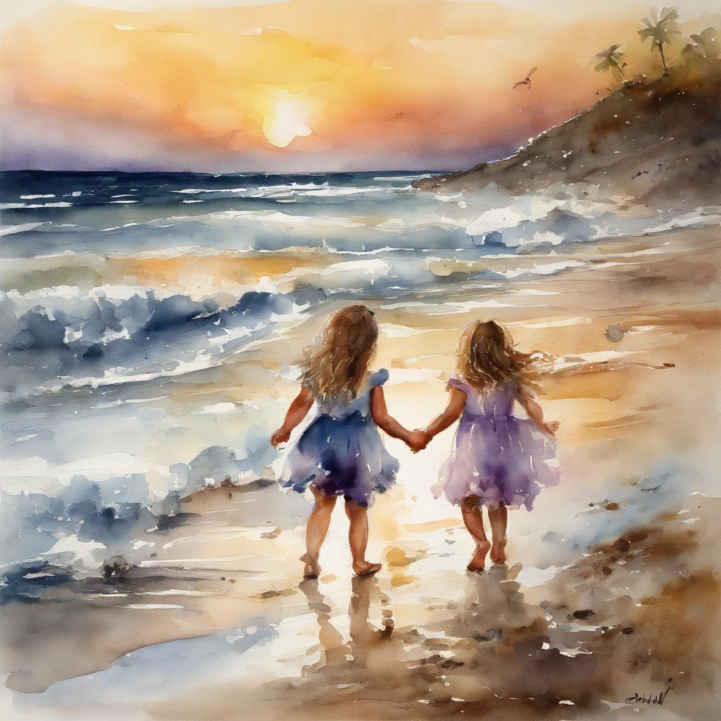 SENSE OF CINEMA，Beautiful evening seaside，Two little girls rush out of the beach，Silvery-white waves lapping against the beach，setting sun