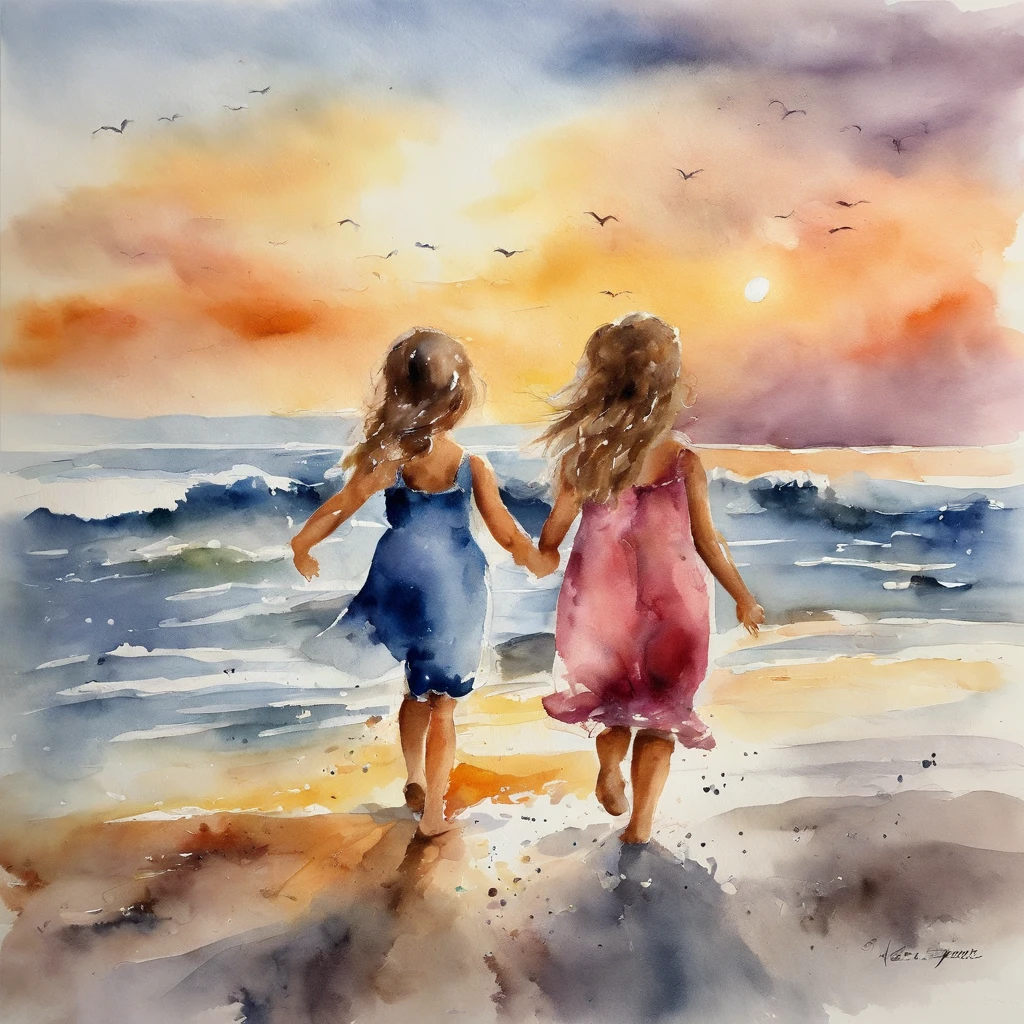 SENSE OF CINEMA，Beautiful evening seaside，Two  girls rush out of the beach，Silvery-white waves lapping against the beach，setting sun