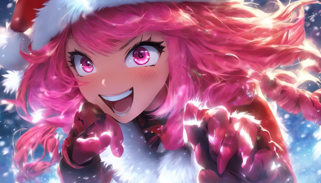Masterpiece,1girll, serine,Pink_Hair, mitts, black_mitts, fur_Trim, Hat, santa_Costume, Christmas, Open_Mouth, Smile, bell, Solo, Red_Headwear, Pantyhose, White_Background, Pink_Eyes, santa_Hat,