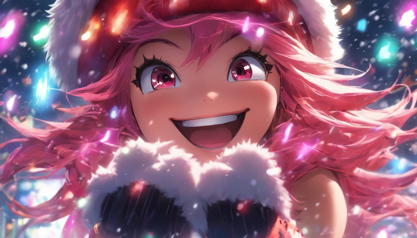 Masterpiece,1girll, serine,Pink_Hair, mitts, black_mitts, fur_Trim, Hat, santa_Costume, Christmas, Open_Mouth, Smile, bell, Solo, Red_Headwear, Pantyhose, White_Background, Pink_Eyes, santa_Hat,