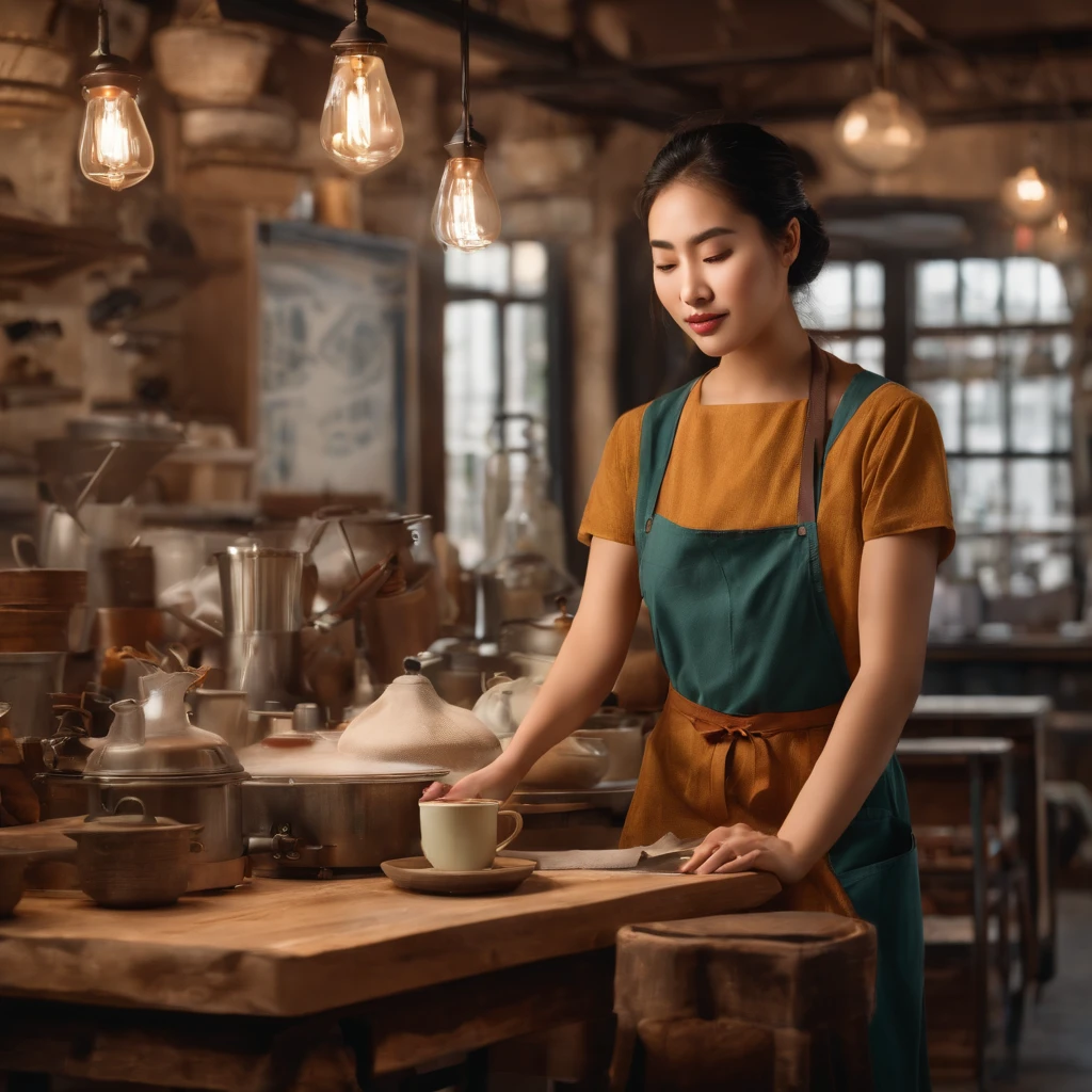 Woman artist in workshop drawing, asian girl, wide open, coffee shop, photoristic, young woman, wear apron