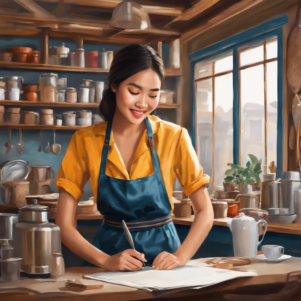Woman artist in workshop drawing, asian girl, wide open, coffee shop, photoristic, young woman, wear apron