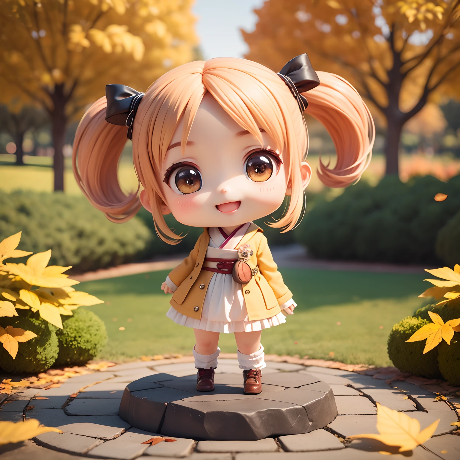 Cute Baby Chibi Anime、(((chibi3d))) (best quality), (masterpiece)、Taisho Roman、Colored leaves、Royal Botanic Gardens in Autumn、specimen、Open your mouth and smile、Standing、stone pavement、