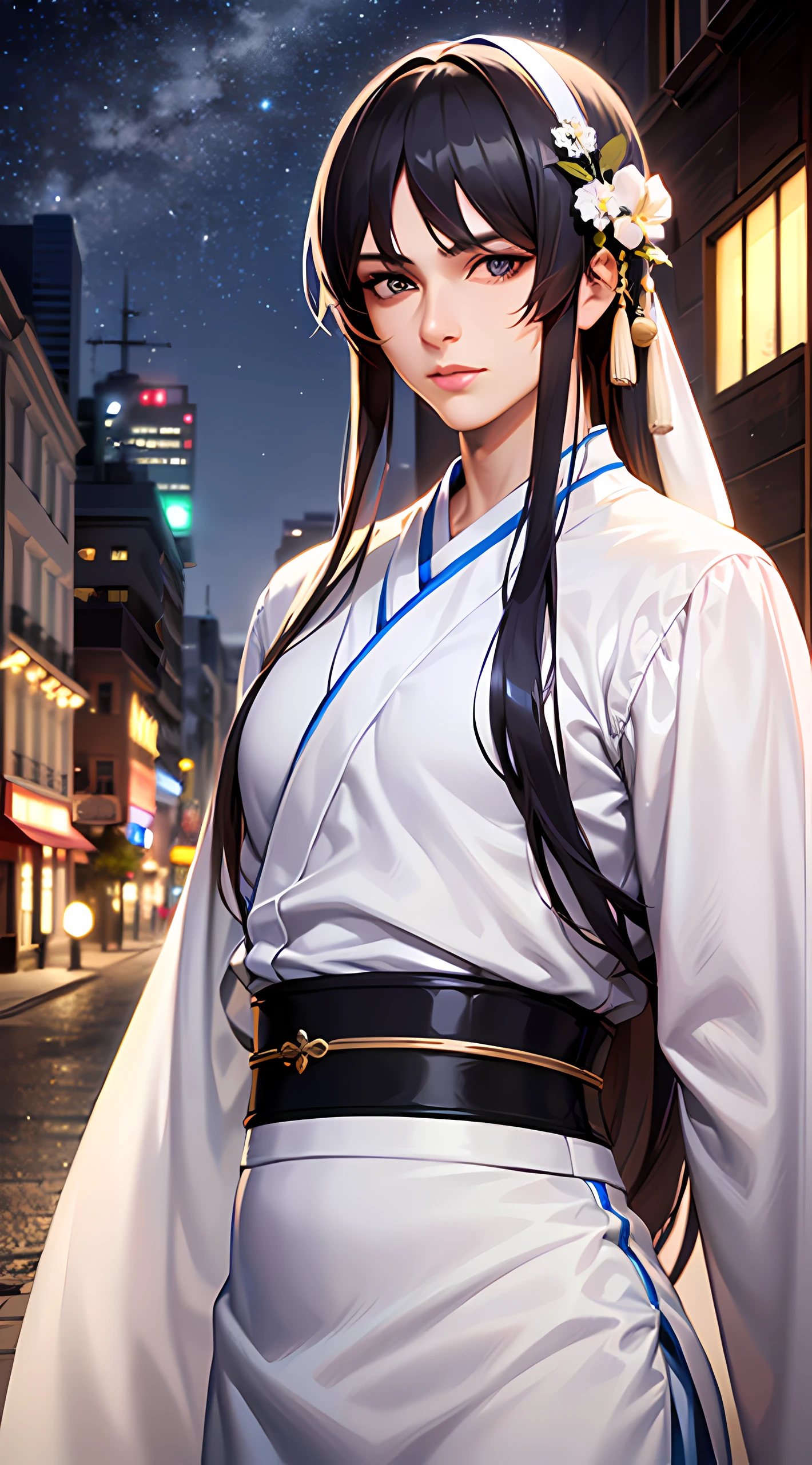 Best Quality, Masterpiece, hight resolution,, 1girl, Detailed Face, (upper-body:1.6), Cyber Cities, Mountains and rivers, night time, Firefly Lights, Realistic, Rich in detail, (White Hanfu:1.2), (handsome body:1.4),