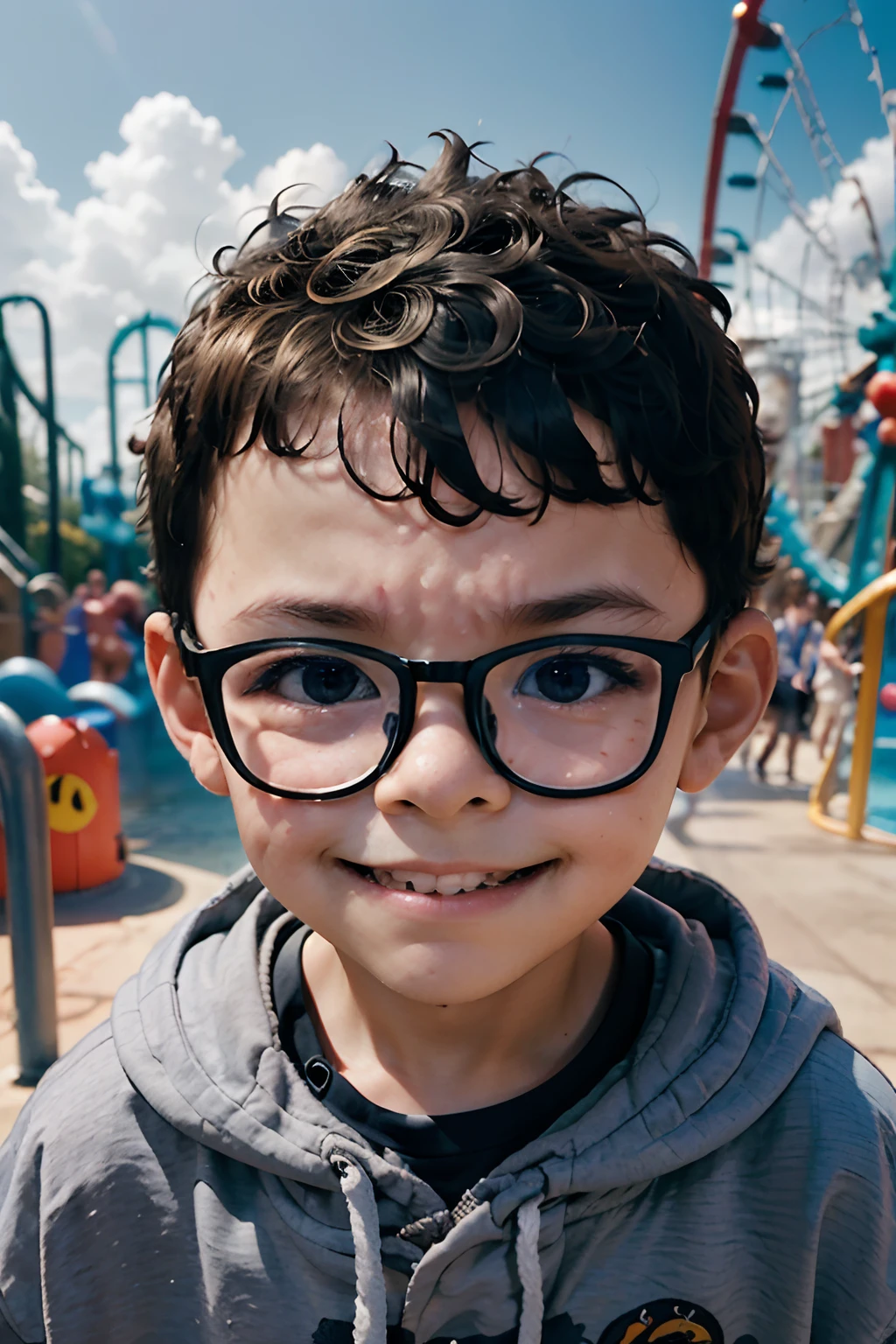 Capture the charm of a 3-year-old boy wearing glasses, his face beaming with a heartwarming smile as he gazes directly into the camera. His youthful face and skin are impeccably detailed, showcasing every nuance and innocent expression.The background features a theme park or amusement park setting, but intentionally blurred to create a strong bokeh effect, with a cloudy day providing soft and gentle lighting. This subdued lighting should cast a warm, diffused glow over the boy's face, accentuating his adorable features.The image should be crafted with extreme attention to detail, reminiscent of the beloved Disney Pixar style. This style is known for its lifelike yet charming character design and attention to facial expressions and details.The boy's clothing and appearance should be in line with the style, emphasizing the unique Pixar charm. The setting should include elements of a theme park, such as colorful attractions and a playful atmosphere, although these should be subtly and artistically blurred to maintain the focus on the boy.The resulting image should encapsulate the heartwarming and emotive qualities characteristic of Disney Pixar's storytelling, creating a captivating moment that resonates with viewers.