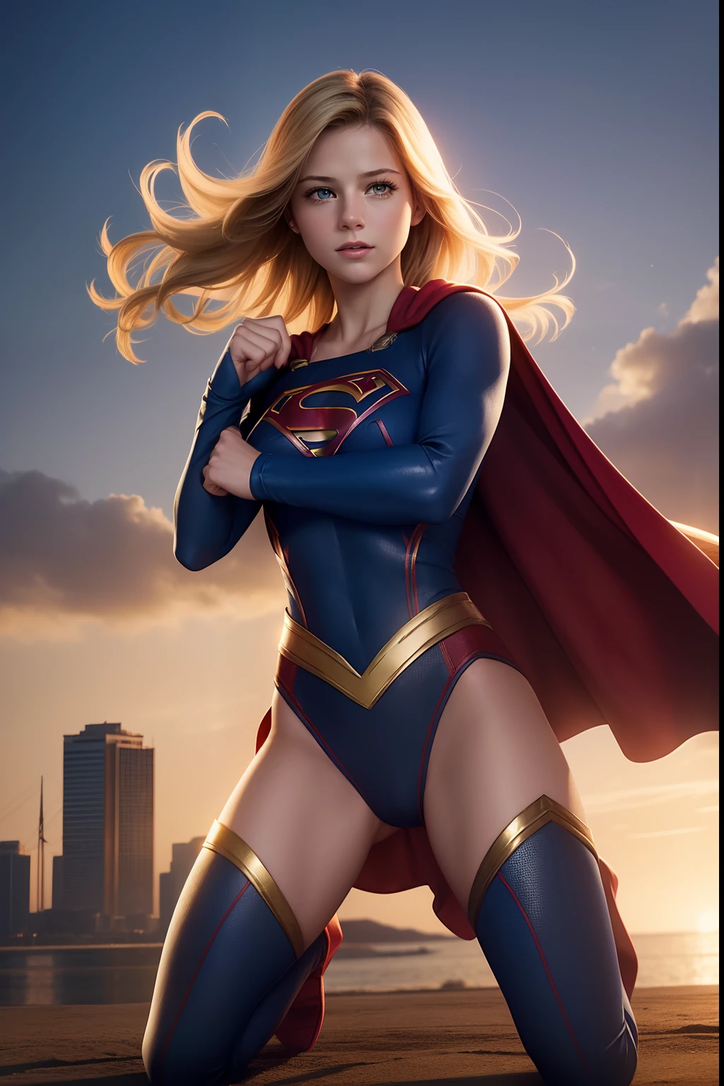 (masterpiece, best quality, photorealistic, cinematic, ultra-detailed, 8k), ((wide shot, full body)), 1 sexy girl in a fighting and crouching stance, both fists in front, perfect anatomy, expressive eyes, perfect hands, (long round legs), (large breasts), Produce a high-quality artwork with a focus on capturing Melissa Benoist as Supergirl in stunning and alluring detail. Render the artwork with precision, striving for a photorealistic portrayal. Highlight Supergirl's iconic costume: a vibrant blue bodysuit with a bold "S" emblem on her chest, a flowing red cape, and golden accents. Ensure that the suit showcases her strength and grace. Emphasize Melissa Benoist's warm and confident expression, reflecting Supergirl's unwavering dedication to justice and compassion. Incorporate a dynamic and heroic pose that illustrates Supergirl's power and readiness for action. Set the scene against a cityscape or a clear sky, with hints of her ability to fly and protect the world.