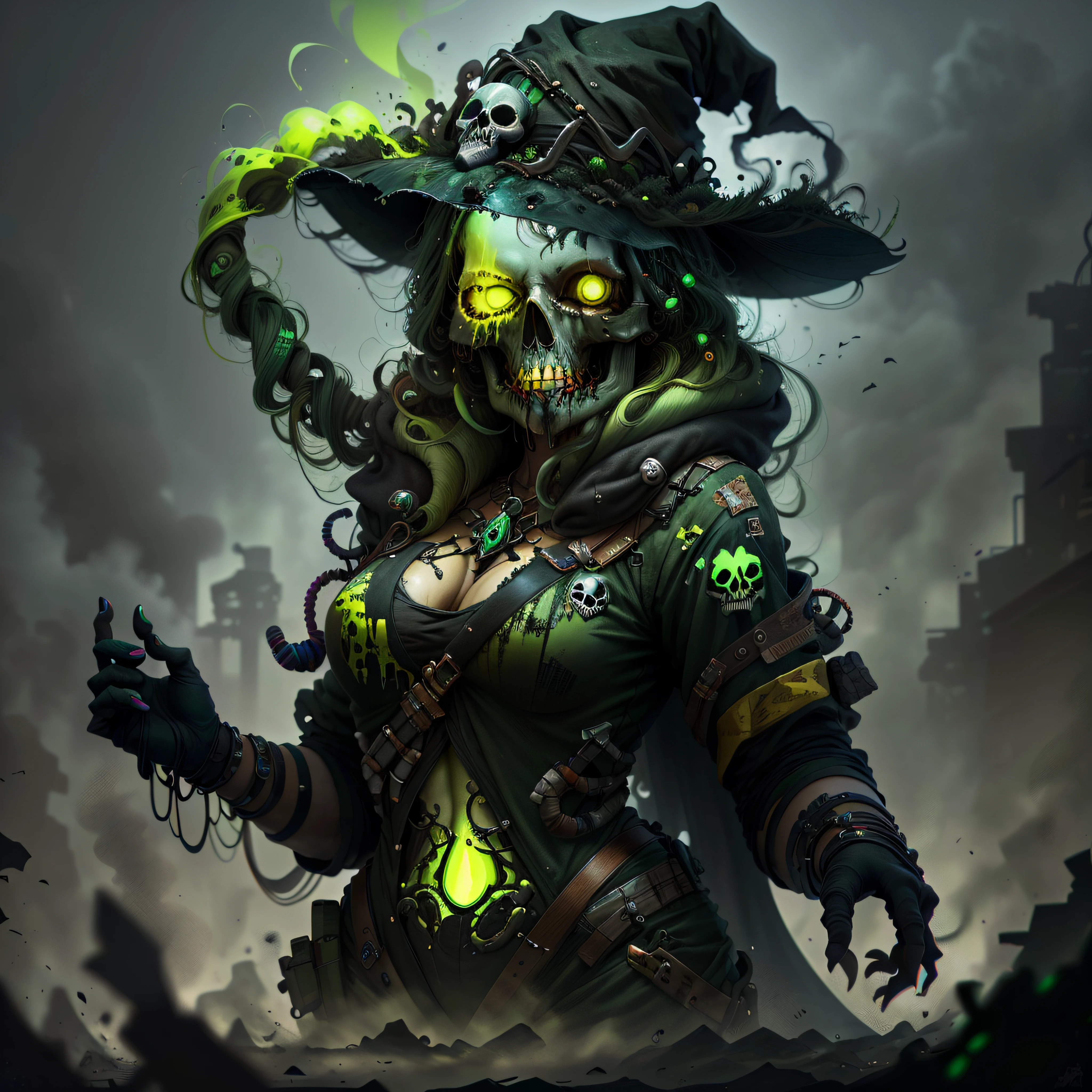 ToxicPunkAI witch , detailed, intricate, glowing green eyes, skull face