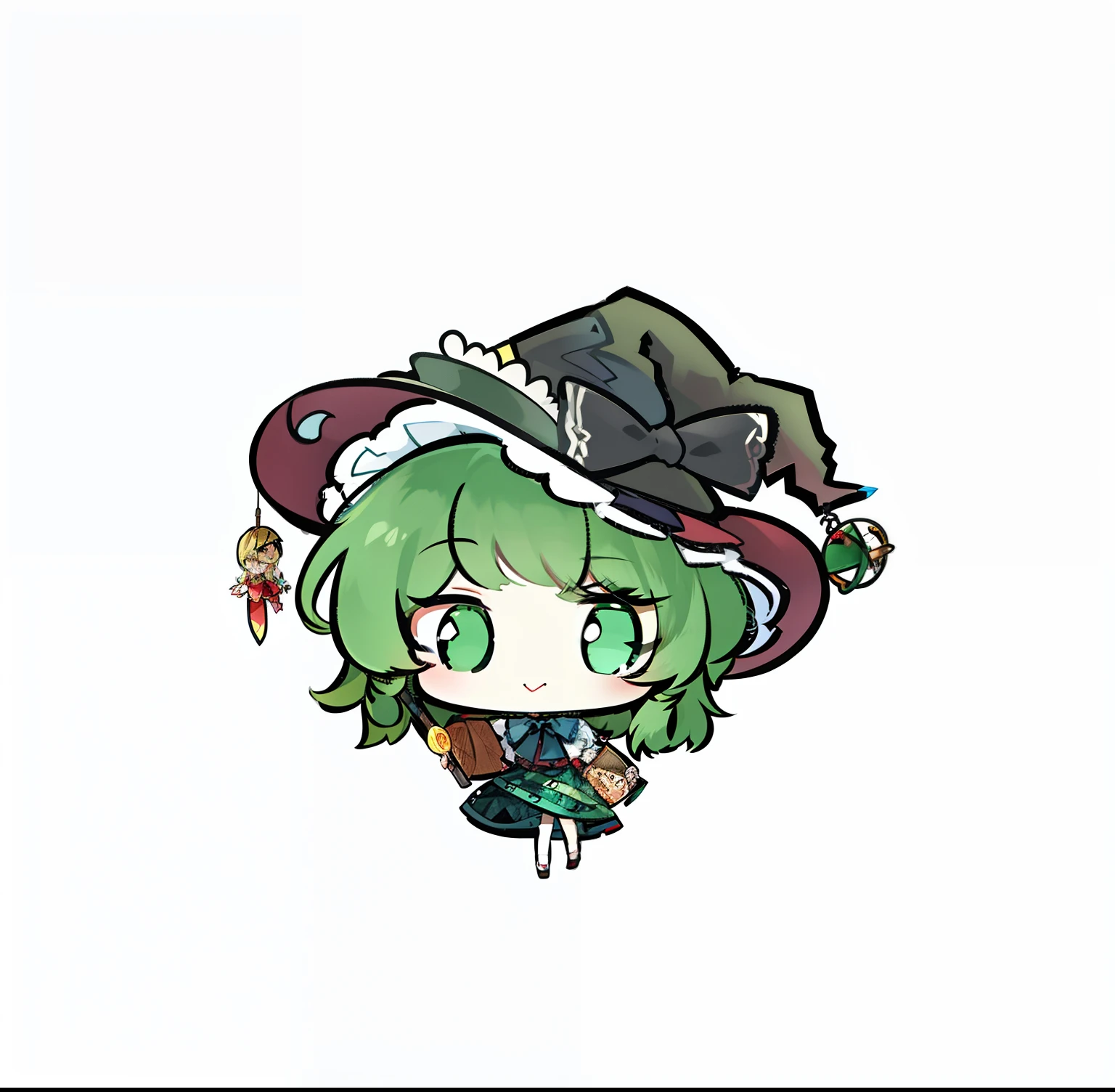 Caricature of a girl in a hat and a green dress, the witch, touhou character, from touhou, tatsumaki, mechanized witch girl, chibi monster girl, Touhou, portrait of a young witch girl, touhou project, witch, shirabii, tchibi, A witch, sorceress woman, alchemist girl, bright witch