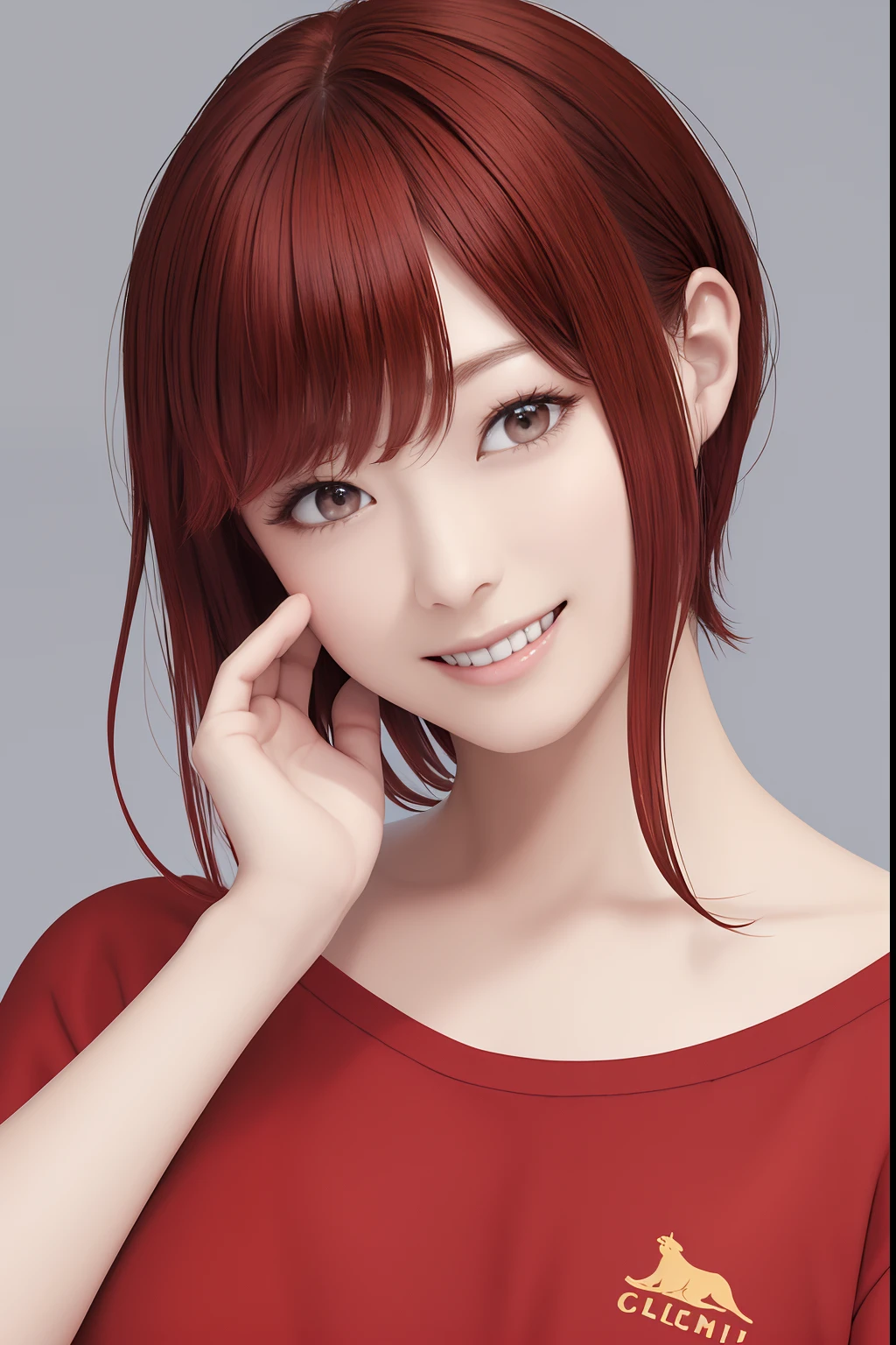 The upper part of the body、an oil painting、masterpiece、top-quality、hight resolution、Red hair medium hair、black backgrounds、bustshot、Loose and fluffy perm、GreenTThe shirt、Short sleeved shirt、The letters on the shirt are California、A slight smil、kindly smile、The mouth is closed、