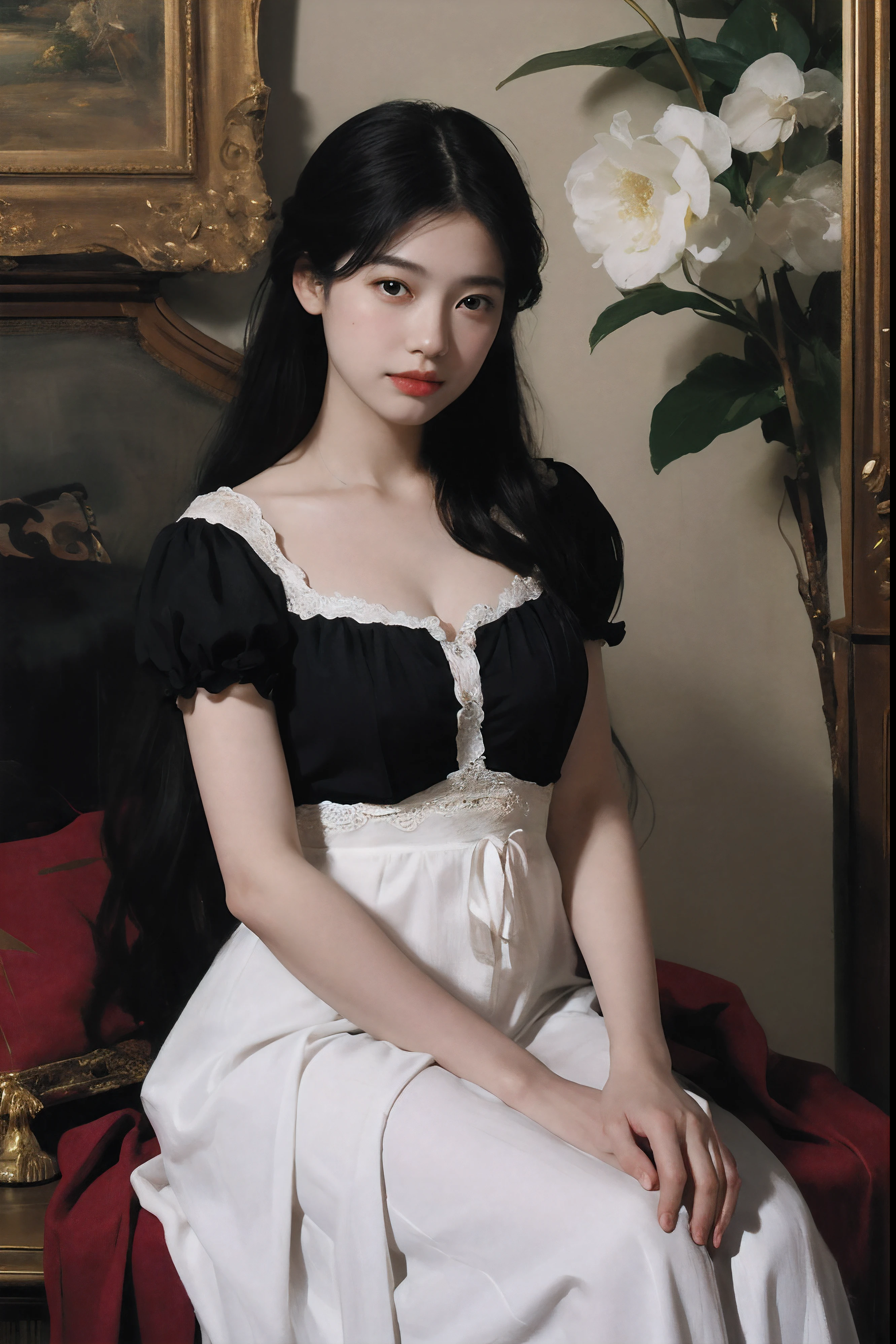 (Oil painting: 1.5),
\\
A woman with long black hair and white flowers in her hair sitting under a red peony flower, a white dress (Amy Saul: 0.248), (Stanley Ategg Liu: 0.106), (a detailed painting: 0.353), (Gothic art: 0.106)