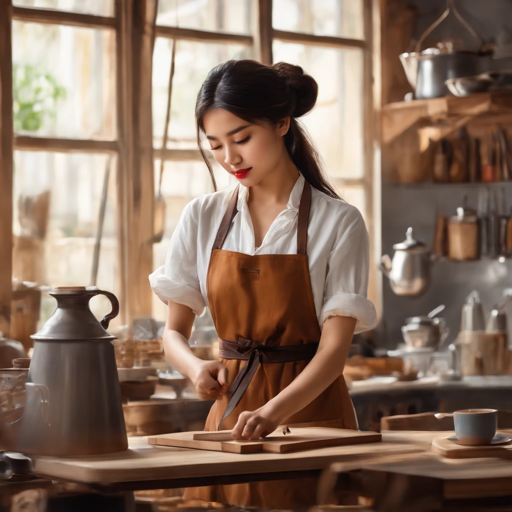 Woman artist in workshop drawing, asian girl, wide open, coffee shop, photoristic, young woman, wear brown apron, bright space