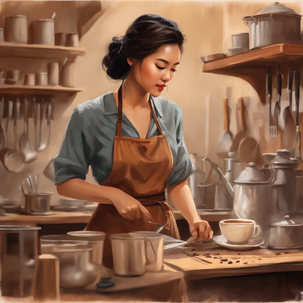 Woman artist in workshop drawing, asian girl, wide open, coffee shop, photoristic, young woman, wear brown apron, bright space