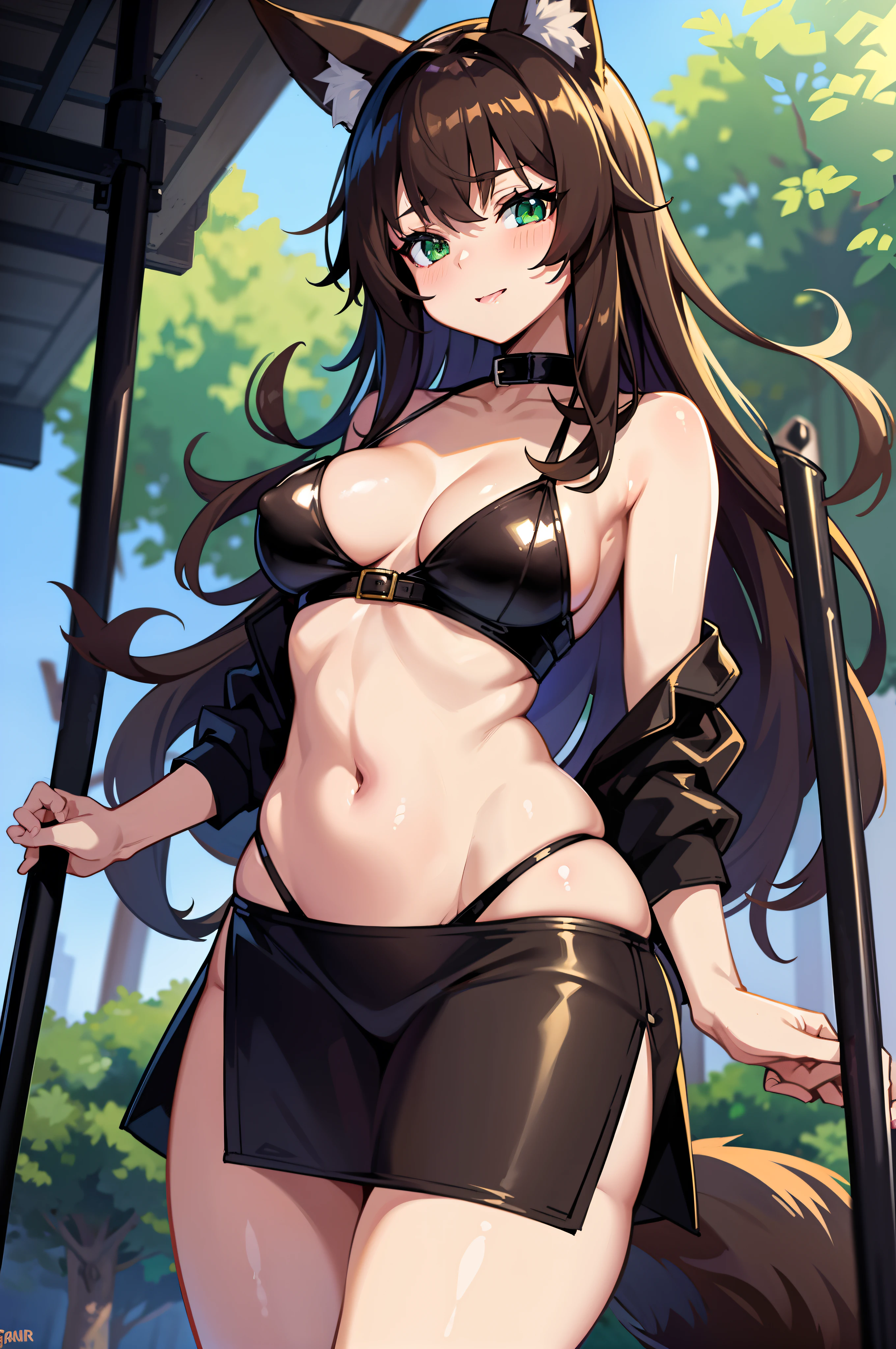 1girl, fox ears, fox tail, dark brown hair, green eyes, masterpiece, SFW, sexy, shiny clothes, stripper, stripper pole, pole dancing, wet look, wide hips, thick thighs, mature woman,
