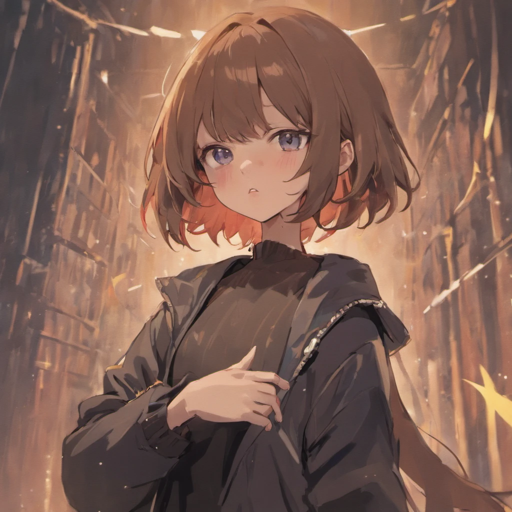 rolua,, , 1girll, ahoge, bangs, Black skirt, Black sweater, Blue nails, Blurry, The background is blurred out, Breasts, Brown eyes, Brown hair, Brown jacket, Closed mouth, dated, day, Depth of field, Earrings, eyeslashes, Hand up, Head tilt, Jacket, jewelry, Long hair, Long sleeves, view the viewer, Medium breasts, nail polish, Open clothes, Open jacket, Outdoors, puckered lips, shirt tucked in, side locks, Skirt, sleeves past wrists, Solo, Sweater, Upper body, zippers, , , ((Masterpiece)), ,