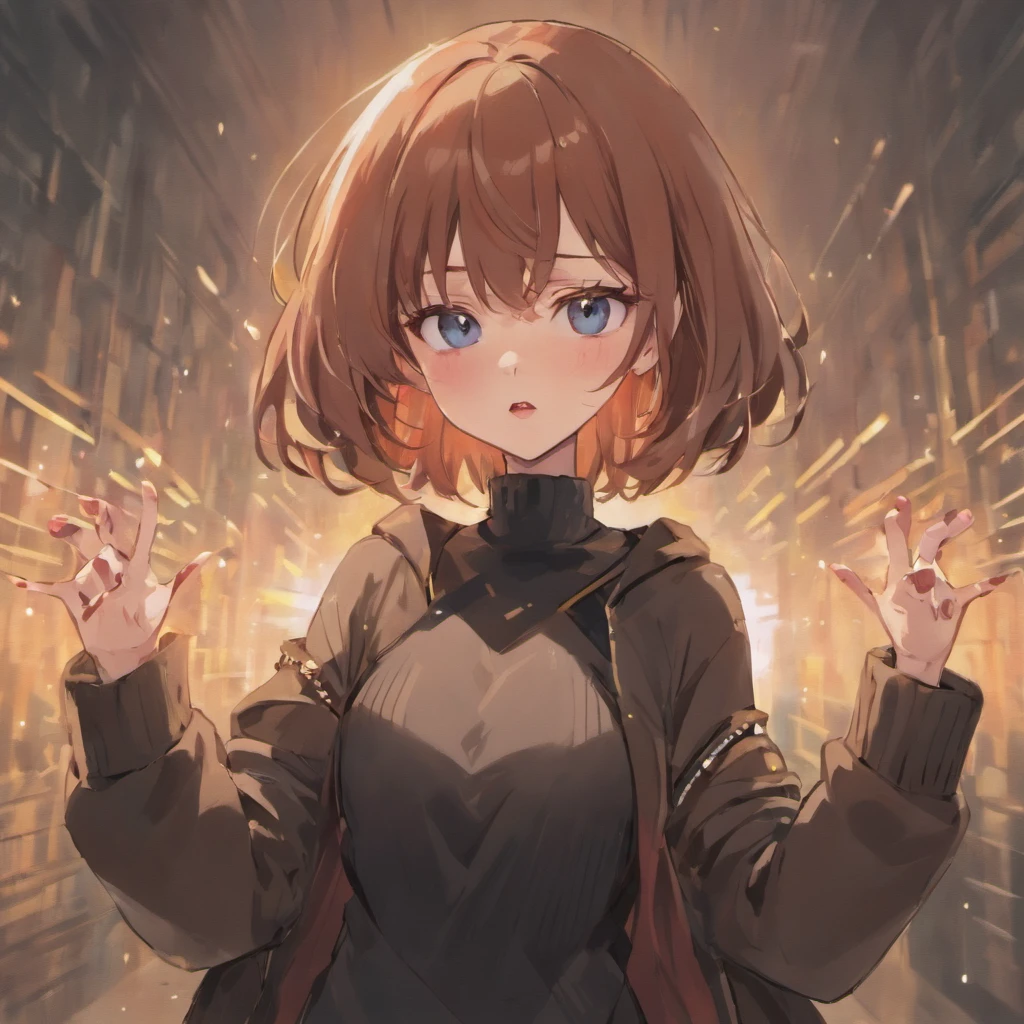 rolua,, , 1girll, ahoge, bangs, Black skirt, Black sweater, Blue nails, Blurry, The background is blurred out, Breasts, Brown eyes, Brown hair, Brown jacket, Closed mouth, dated, day, Depth of field, Earrings, eyeslashes, Hand up, Head tilt, Jacket, jewelry, Long hair, Long sleeves, view the viewer, Medium breasts, nail polish, Open clothes, Open jacket, Outdoors, puckered lips, shirt tucked in, side locks, Skirt, sleeves past wrists, Solo, Sweater, Upper body, zippers, , , ((Masterpiece)), ,