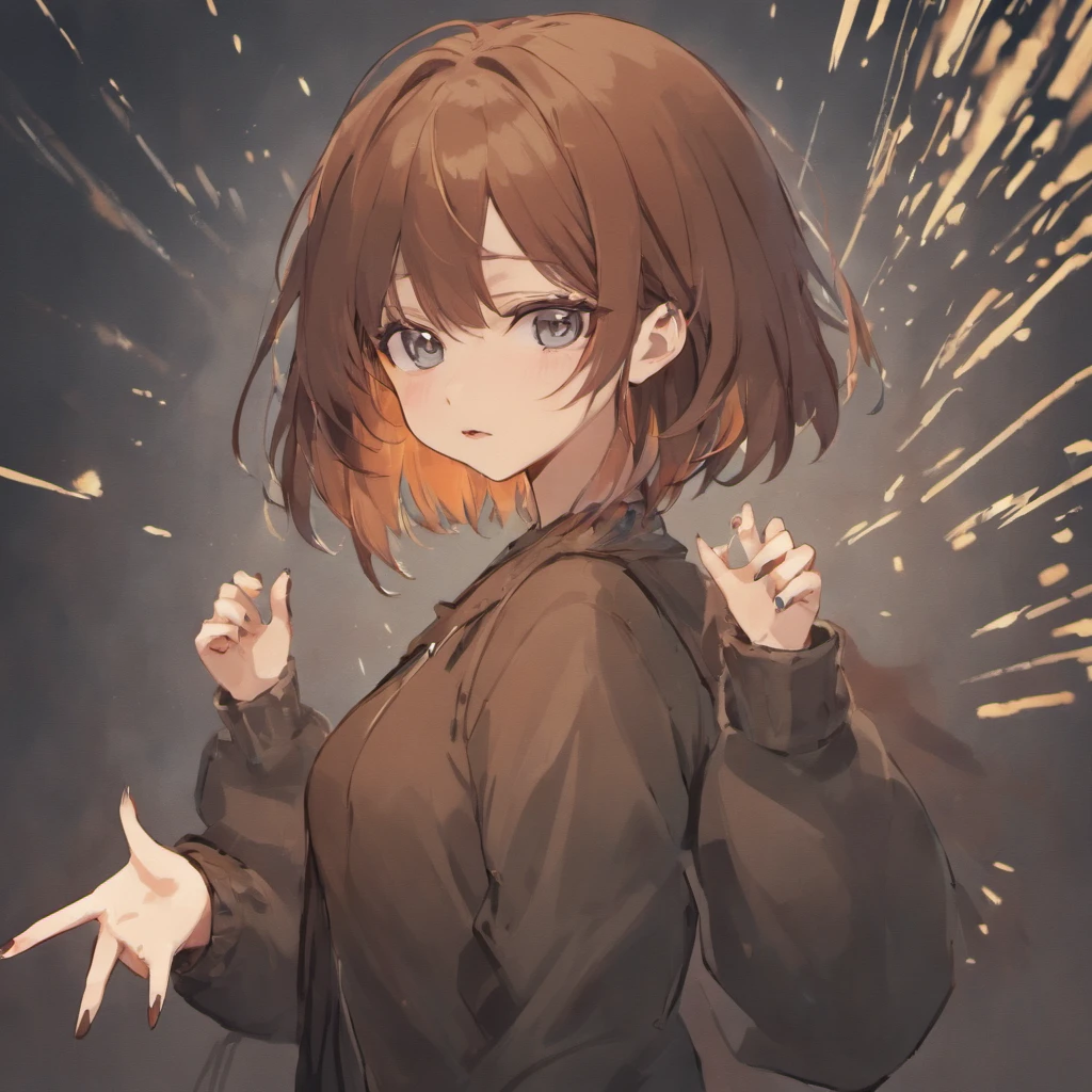 rolua,, , 1girll, ahoge, bangs, Black skirt, Black sweater, Blue nails, Blurry, The background is blurred out, Breasts, Brown eyes, Brown hair, Brown jacket, Closed mouth, dated, day, Depth of field, Earrings, eyeslashes, Hand up, Head tilt, Jacket, jewelry, Long hair, Long sleeves, view the viewer, Medium breasts, nail polish, Open clothes, Open jacket, Outdoors, puckered lips, shirt tucked in, side locks, Skirt, sleeves past wrists, Solo, Sweater, Upper body, zippers, , , ((Masterpiece)), ,