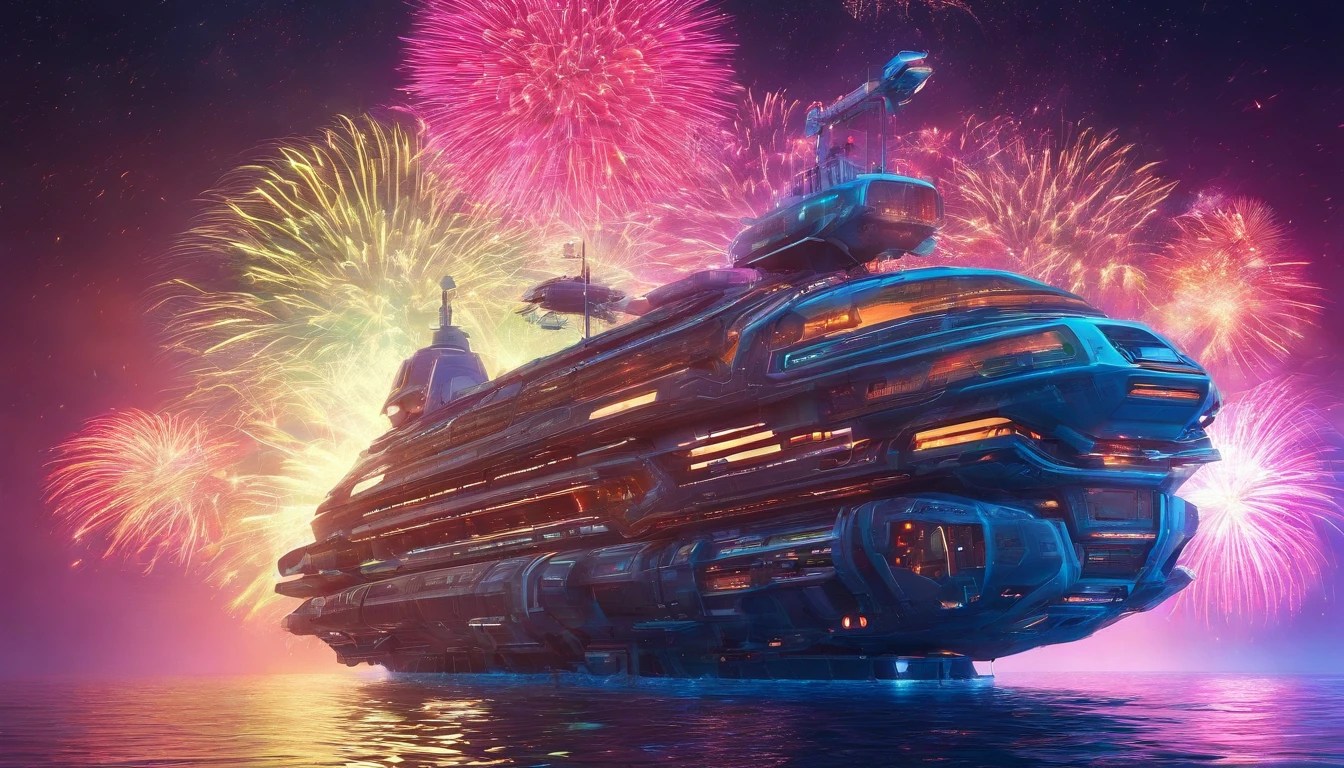 sailing ship [ spaceship ],  sea, moonlight, (multicolored firework:1.3), particle effects, octane render, (detailed), intricate details