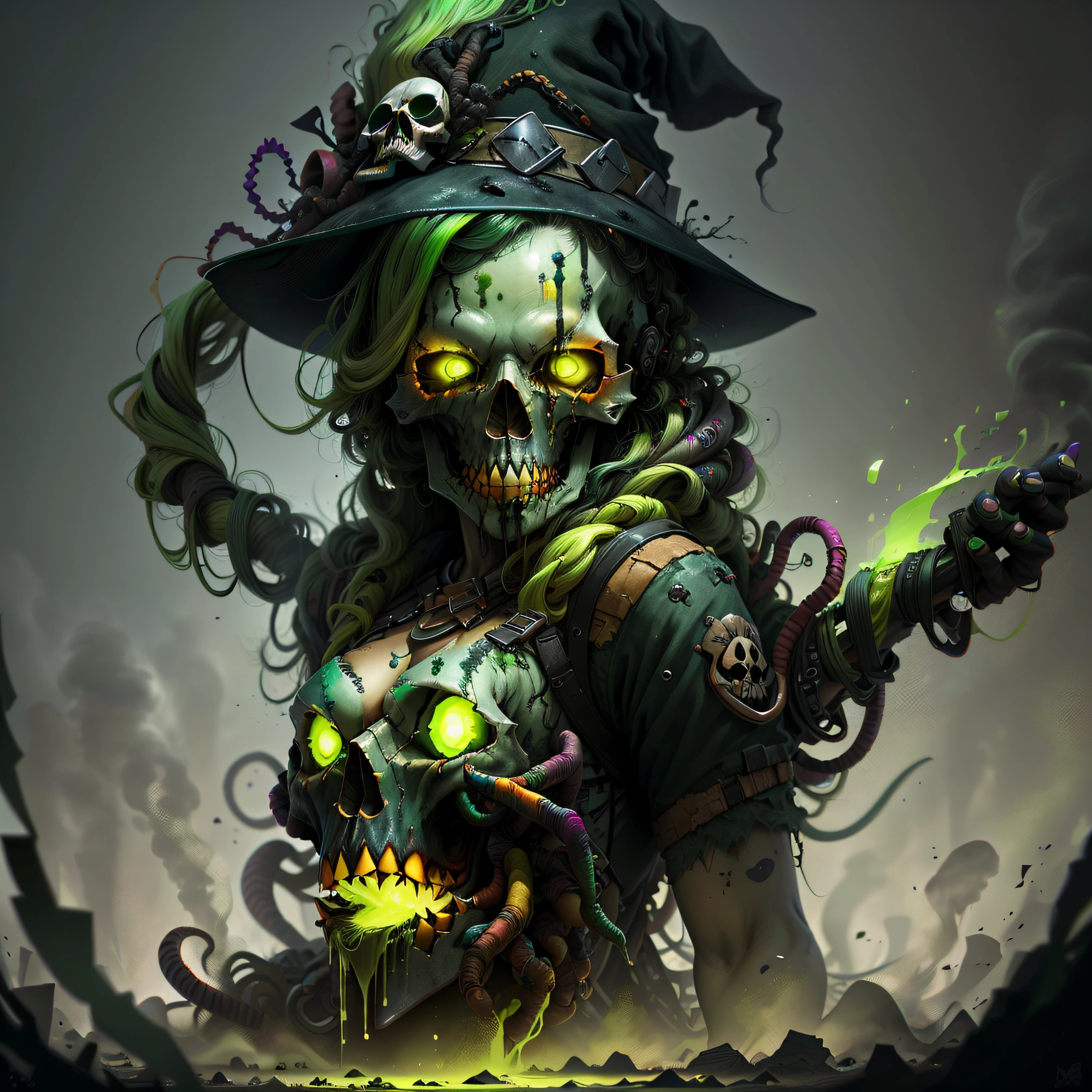 ToxicPunkAI witch , detailed, intricate, glowing green eyes, skull face