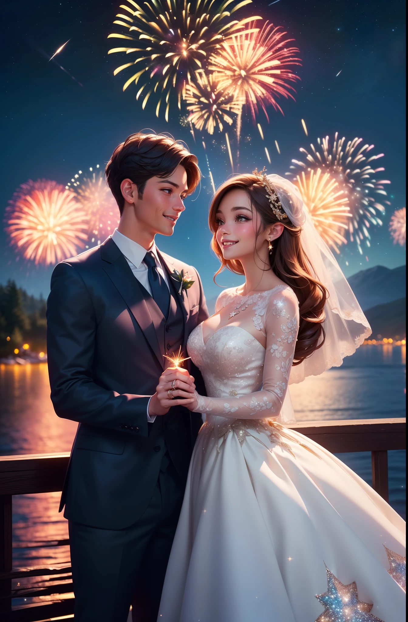 ((Best quality, A high resolution, Masterpiece:1.2)), (Romantic), (newlyweds:1),(Happy smile),Delicate facial features, Clear facial features, Optimized details, (Stargazing at the top of the mountain), (Spectacular sky fireworks display), (Colorful fireworks), (Giant fireworks), (Wedding dress), (suit), (glittering stars:1.5), Romantic couple photo, cinematic Film still from.