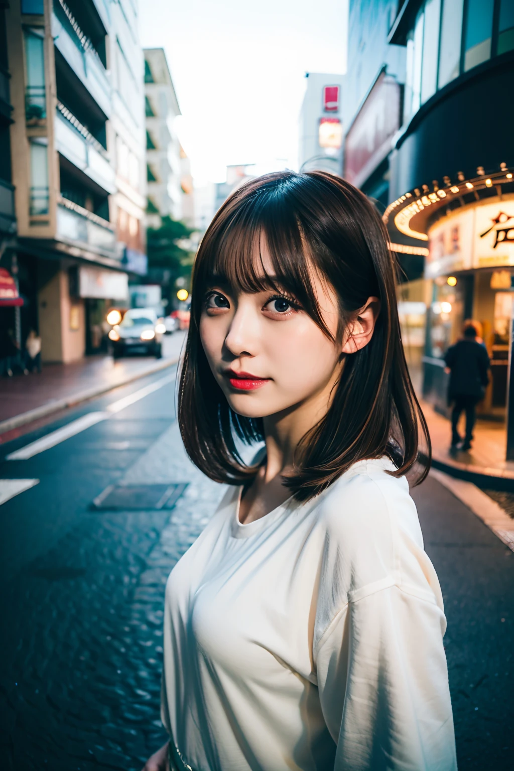 best quality ,masterpiece,ultra high res,(photo realistic:1.4), 1 girl, looking at viewer, japanese famous actress, very beautiful,kawaii, Cinematic, 35mm lens, f/ 1. 8, accent lighting, 8k, in japanese city, posing