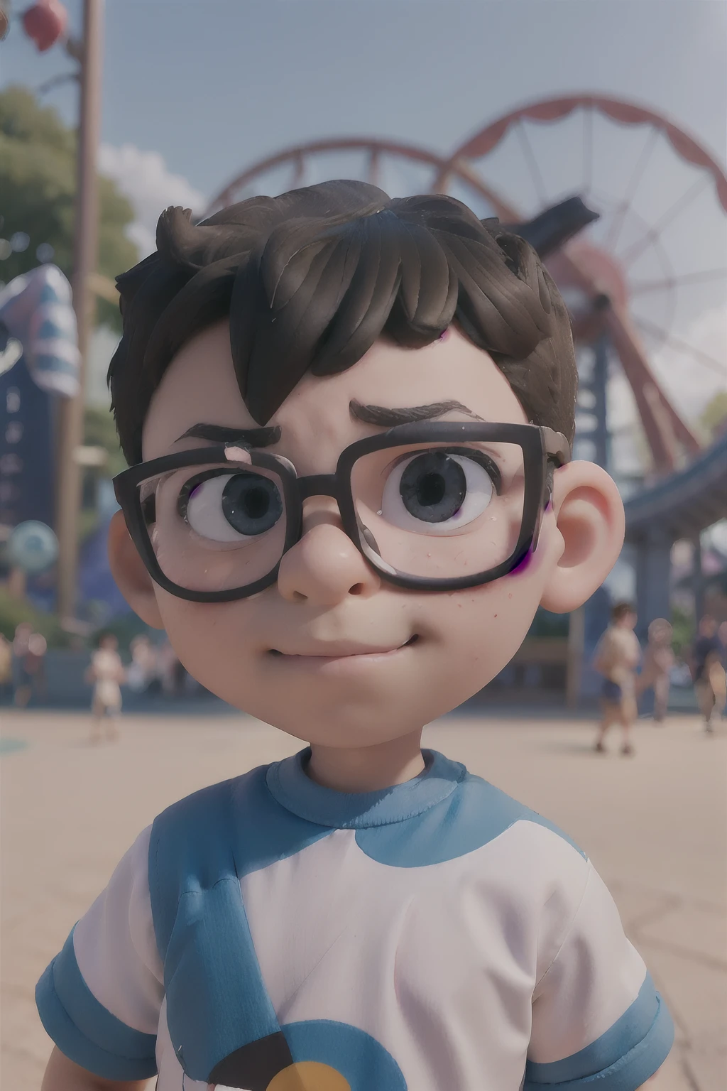 Capture the charm of a 3-year-old boy wearing glasses, his face glowing with a thrilling smile as he looks directly into the camera. His youthful face and skin are impeccably detailed, showing all the nuances and innocent expressions.The background features a theme park or amusement park, mas intencionalmente borrado para criar um forte efeito bokeh, with a cloudy day providing soft and soft lighting. This moderate lighting should shed a heat, brilho difuso sobre o rosto do ******, accentuating her adorable features.The image should be crafted with extreme attention to detail, reminiscente do amado estilo Disney Pixar. This style is known for its realistic and charming character design and attention to facial expressions and details.The boy's clothing and appearance should be in accordance with the style, emphasizing Pixar's unique charm. The setting should include elements of a theme park, as colorful attractions and a playful atmosphere, embora estes devam ser sutil e artisticamente borrados para manter o foco no ******.The resulting image should encapsulate the thrilling and emotive qualities characteristic of Disney Pixar's storytelling, criando um momento cativante que ressoa com os espectadores.