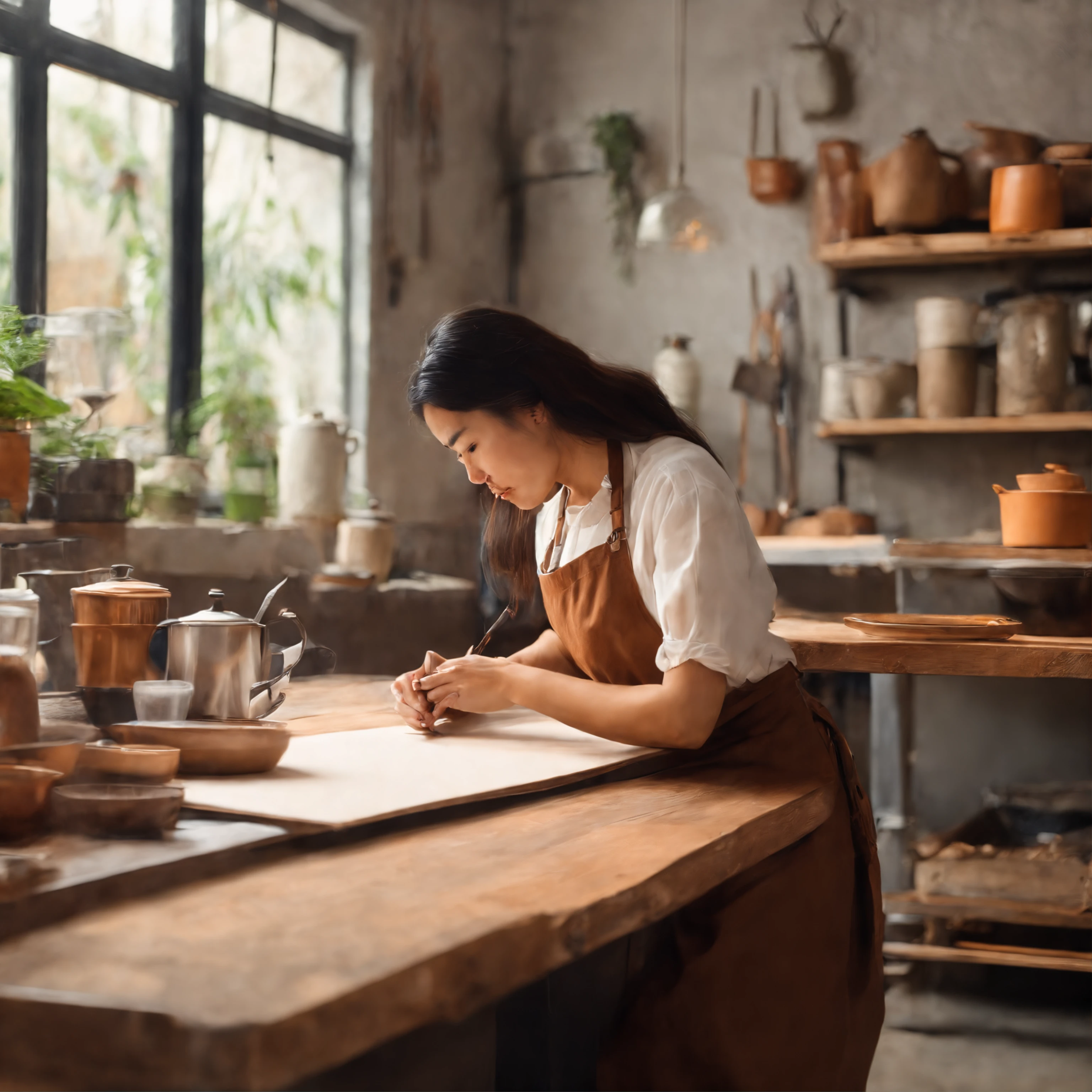 Woman artist in workshop drawing, asian girl, wide open, coffee shop, photoristic, young woman, wear brown apron, bright space