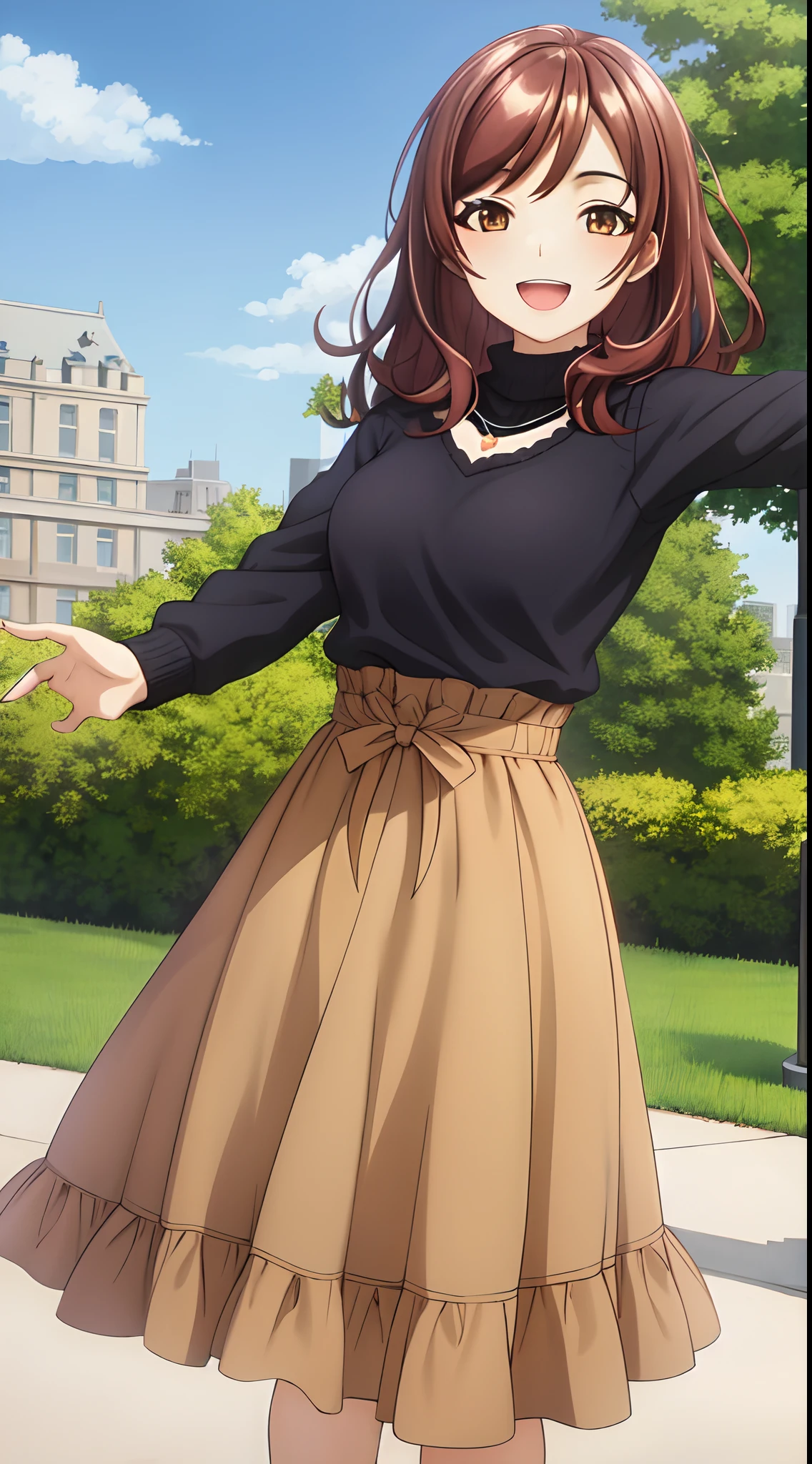 best quality, ((masterpiece)), highly detailed, outdoors, park,
1girl, Midou Miu,
looking at the viewer, smile, open mouth, upper body,
brown eyes, brown hair, long hair, shiny hair, necklace, black sweater, brown skirt, long skirt