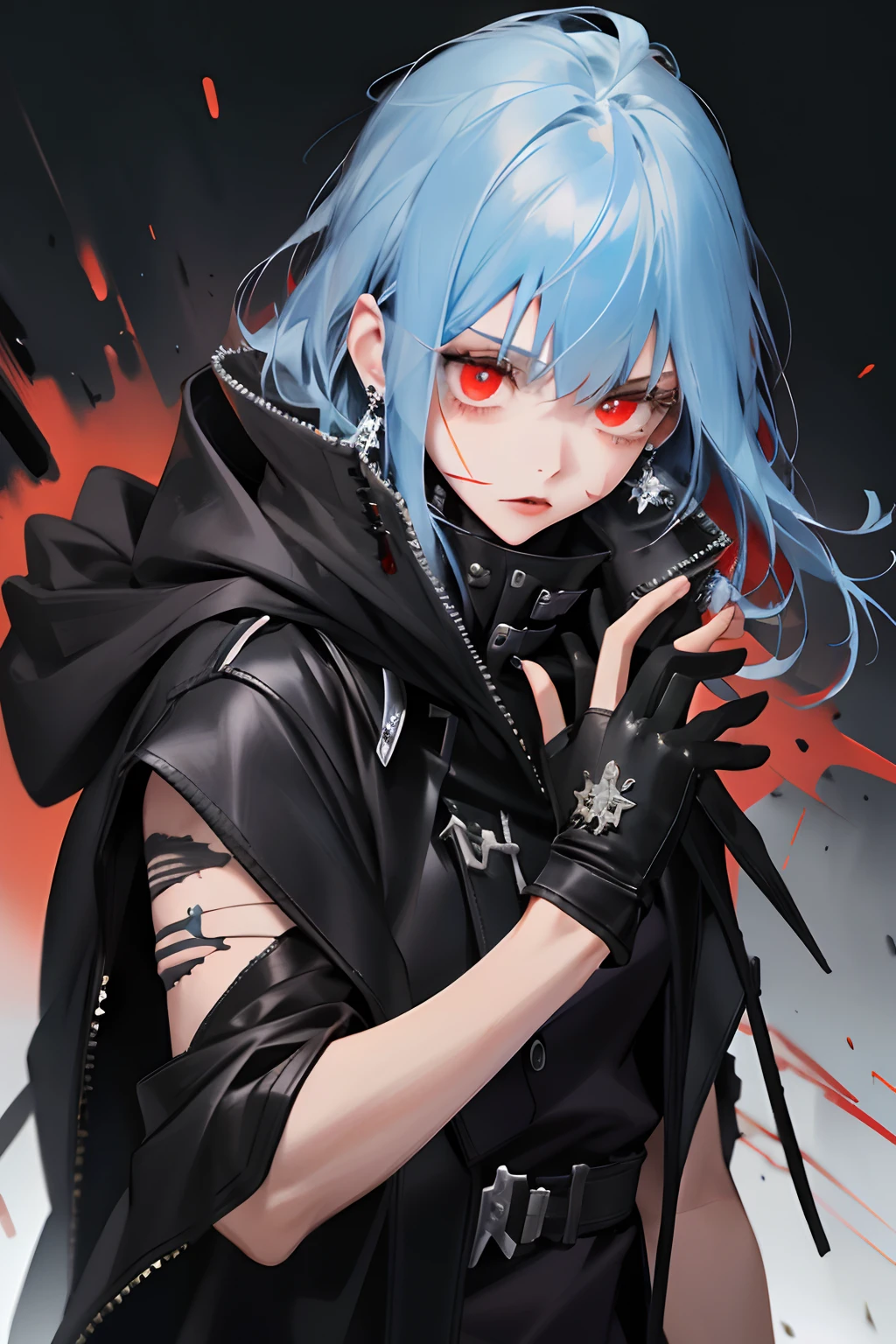 (A high resolution,ultra - detailed), 1girll,AS-Adult,mature, 独奏, blue hairs,Deep red eyes, highest details, ,paleskin, sportrait, (bloody scars:0.7), head looking up, 独奏, Half shot, dynamicposes, detailedbackground,modern day, Unisex clothing,coat large,sense of layers,Detailed clothing details,Wrap a bandage,Black leather gloves,Black collar,Three pairs of stud earrings,wounds,bloods