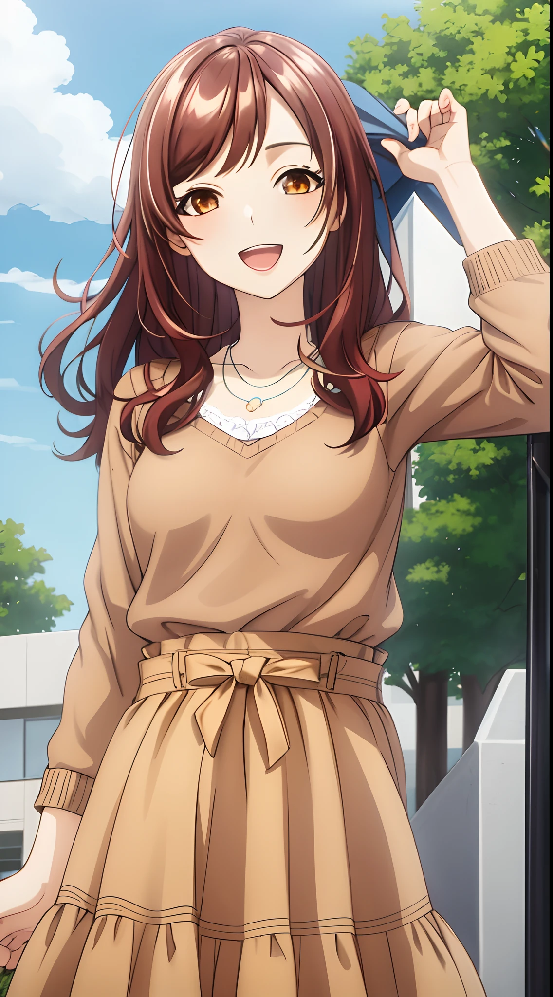 best quality, ((masterpiece)), highly detailed, outdoors, park,
1girl, Midou Miu,
looking at the viewer, smile, open mouth, upper body,
brown eyes, brown hair, long hair, shiny hair, necklace, black sweater, brown skirt, long skirt