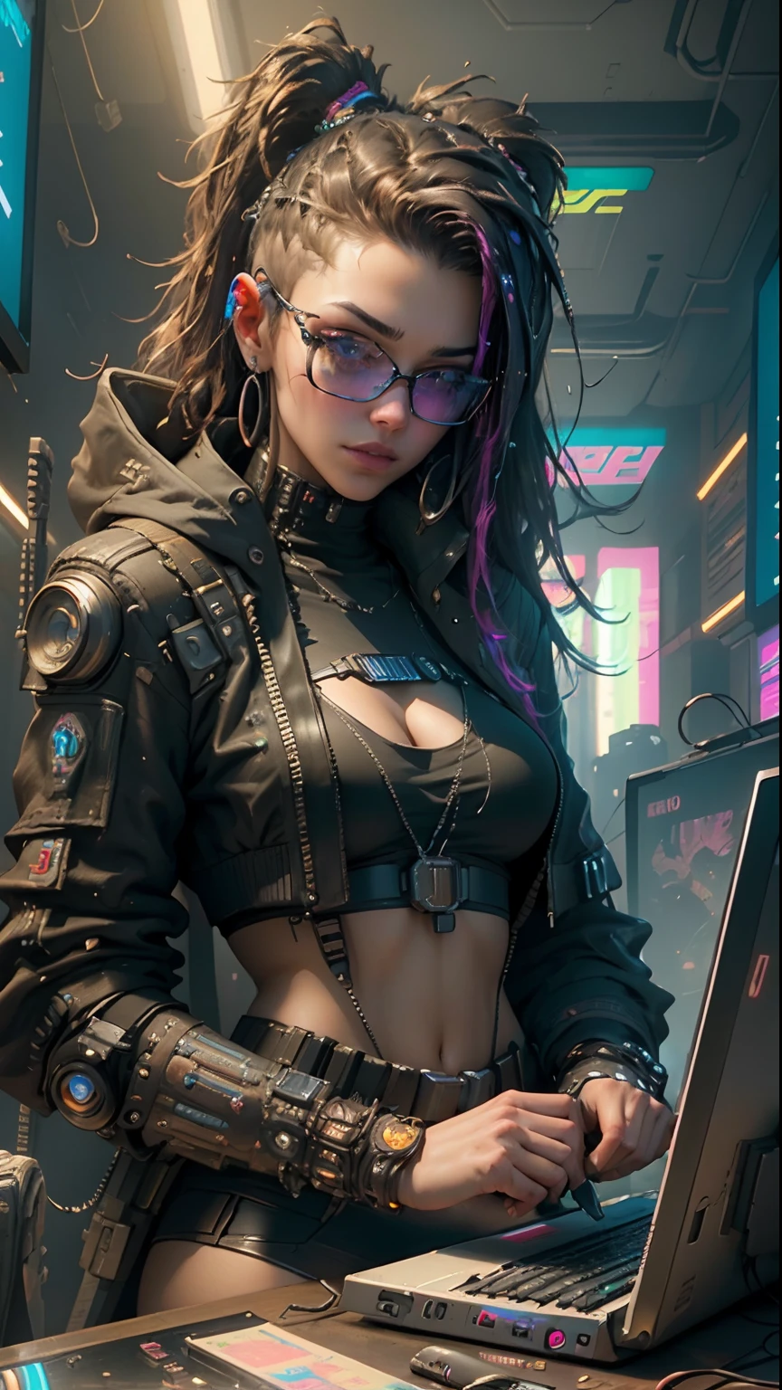 ((Best quality)), ((masterpiece)), (highly detailed:1.3), 3D, beautiful (cyberpunk:1.3) hacker woman with thick voluminous hair operating a computer terminal