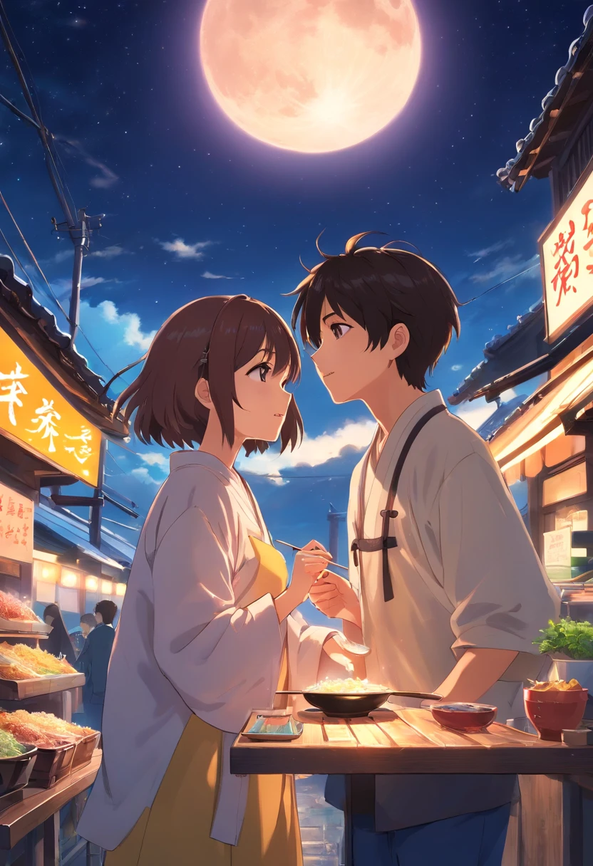 Dream colors,tmasterpiece,detaileds,starryskybackground,Clouds,光影效果,Film Effects,Rich in color,((a couple)),embracing each other,((((In a kiss)))),Petals rained down,Full Moon Night,flower bloom,blurred foreground,depth of field effect,Half-body women often eat ramen(chopstick、Pork bone ramen)masterpiece、Anime style、bob cuts(hairstyle on).There are many ingredients around、food stand、Retro feel、adult lady、countryside