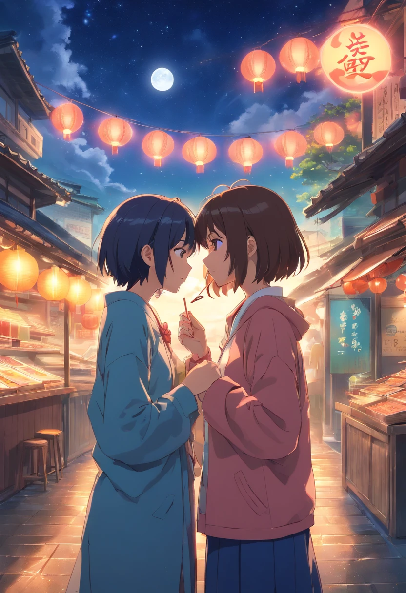 Dream colors,tmasterpiece,detaileds,starryskybackground,Clouds,光影效果，Film Effects,Rich in color，（（a couple）），embracing each other，（（（（In a kiss）））），Petals rained down，Full Moon Night，flower bloom，blurred foreground，depth of field effect，Half-body women often eat ramen(chopstick、Pork bone ramen)​masterpiece、Anime style、bob cuts(hairstyle on).There are many ingredients around、food stand、Retro feel、adult lady、countryside