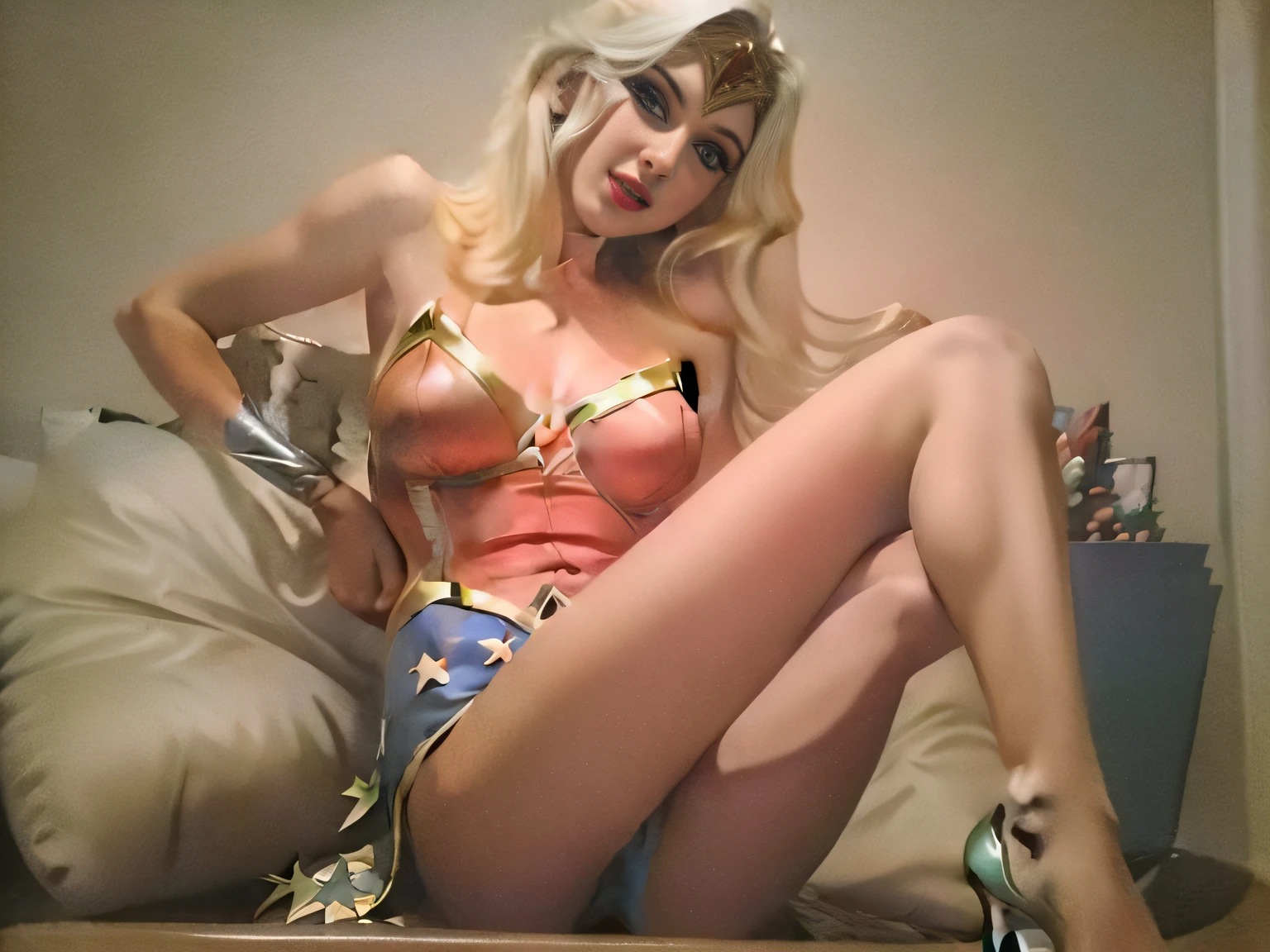 araffe dressed as a wonder woman sitting on a bed, amouranth, amouranth as a super villain, blonde goddess, better known as amouranth, dressed as wonder woman, glamourous cosplay, cory chase as an atlantean, jessica nigri, she-ra, she - ra, young beautiful amouranth, comic pinup style