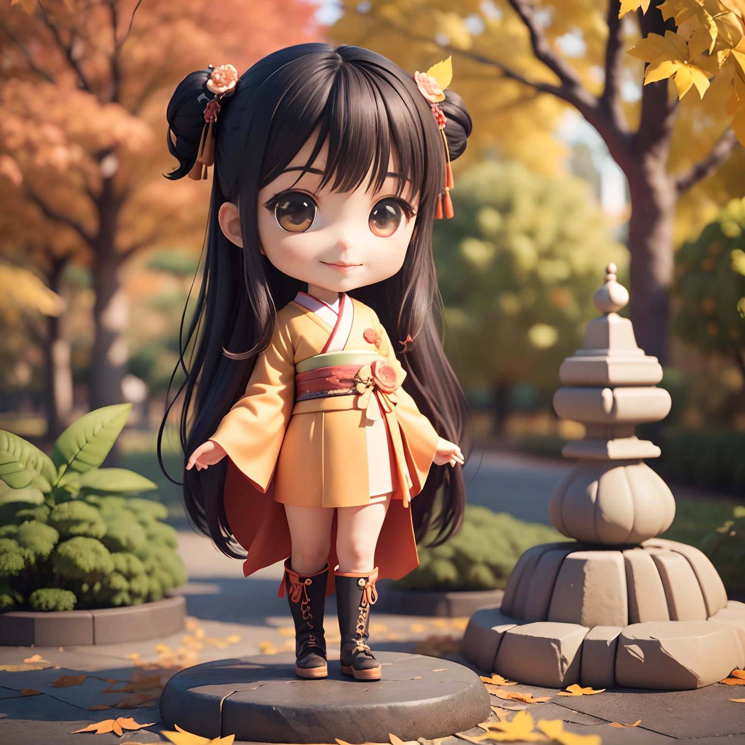 Cute Baby Chibi Anime、(((Chibi 3D))) (Best Quality), (masutepiece)、Long Black Hair、Japan Hair Ornament、taisho roman、Red and orange kimono、Colored leaves、Royal Botanic Gardens in Autumn、specimen、Open your mouth and smile、Standing、stone pavement、Laced boots