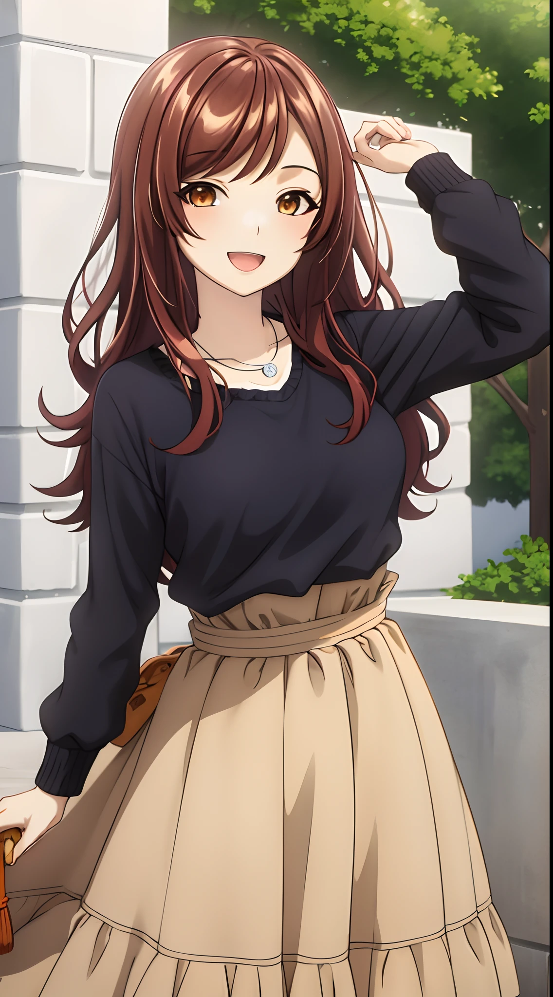 best quality, ((masterpiece)), highly detailed, outdoors, park,
1girl, Midou Miu,
looking at the viewer, smile, open mouth, upper body,
brown eyes, brown hair, long hair, shiny hair, necklace, black sweater, brown skirt, long skirt