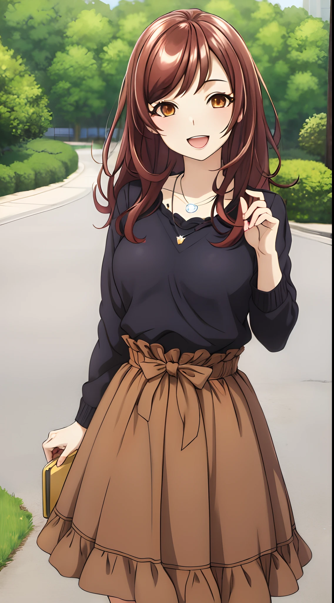 best quality, ((masterpiece)), highly detailed, outdoors, park,
1girl, Midou Miu,
looking at the viewer, smile, open mouth, upper body,
brown eyes, brown hair, long hair, shiny hair, necklace, black sweater, brown skirt, long skirt