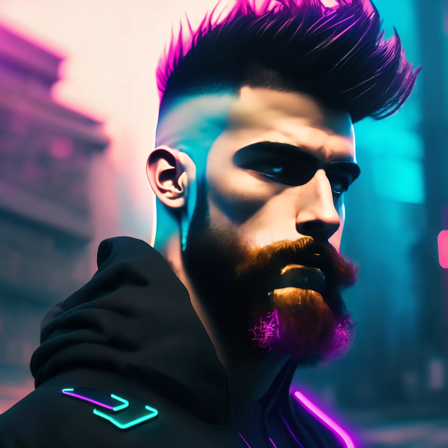 character, 24 years old, man, small beard, muscular, cyberpunk style portrait, futuristic (neon: 1.1) reflective wear, science fiction. artgern, art, illustration, ((dark environment)), ((vegnette)), ((HDR)) ((minimal palette colors)), soft tones, soft colors, faint colors, calm, highly detailed pastel colors, intricate details