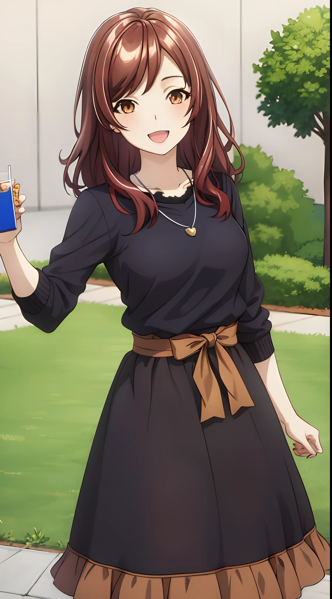 best quality, ((masterpiece)), highly detailed, outdoors, park,
1girl, Midou Miu,
looking at the viewer, smile, open mouth, upper body,
brown eyes, brown hair, long hair, shiny hair, necklace, black sweater, brown skirt, long skirt