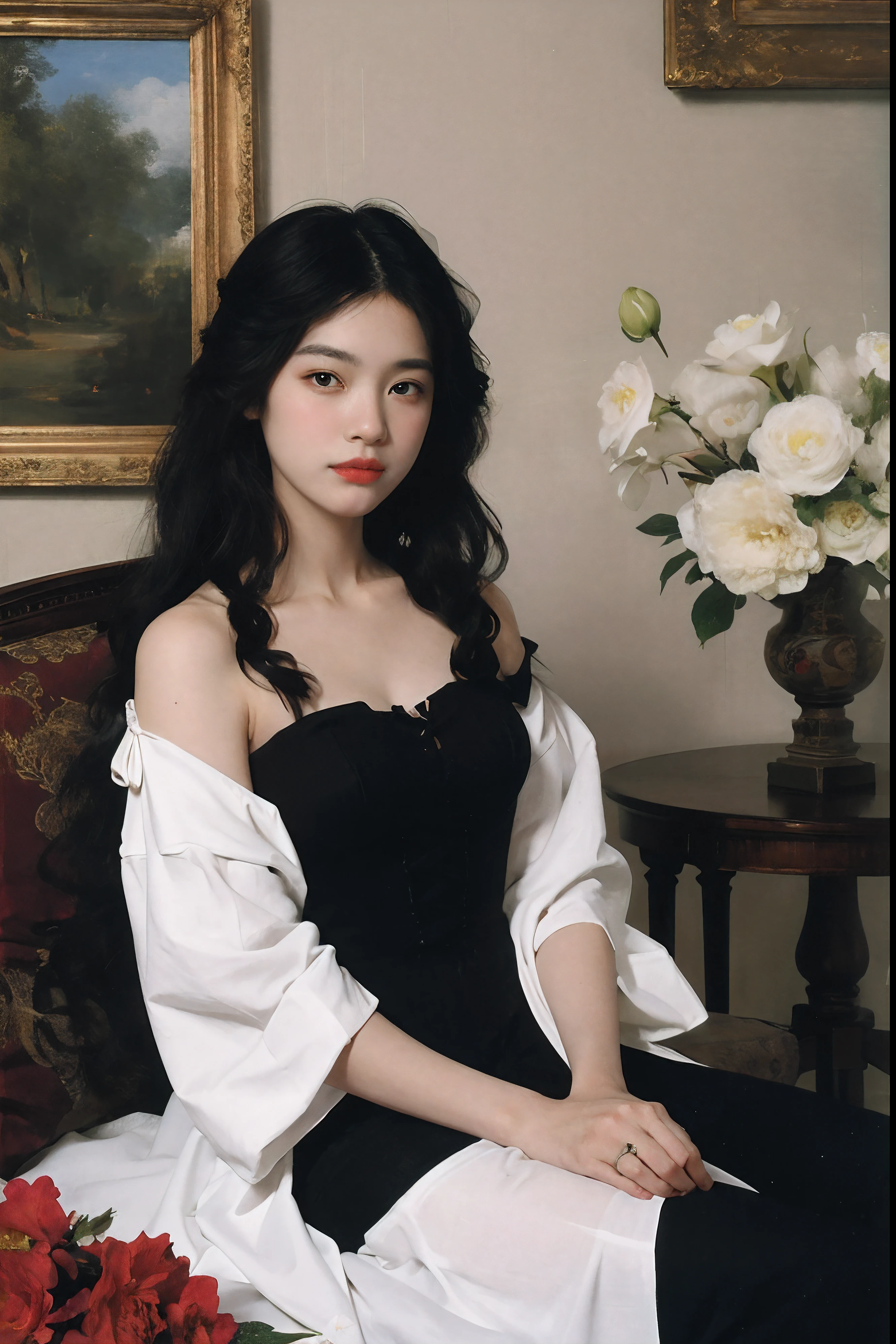 (Oil painting: 1.5),

\\

A woman with long black hair and white flowers in her hair sitting under a red peony flower, a white dress (Amy Saul: 0.248), (Stanley Ategg Liu: 0.106), (a detailed painting: 0.353), (Gothic art: 0.106)