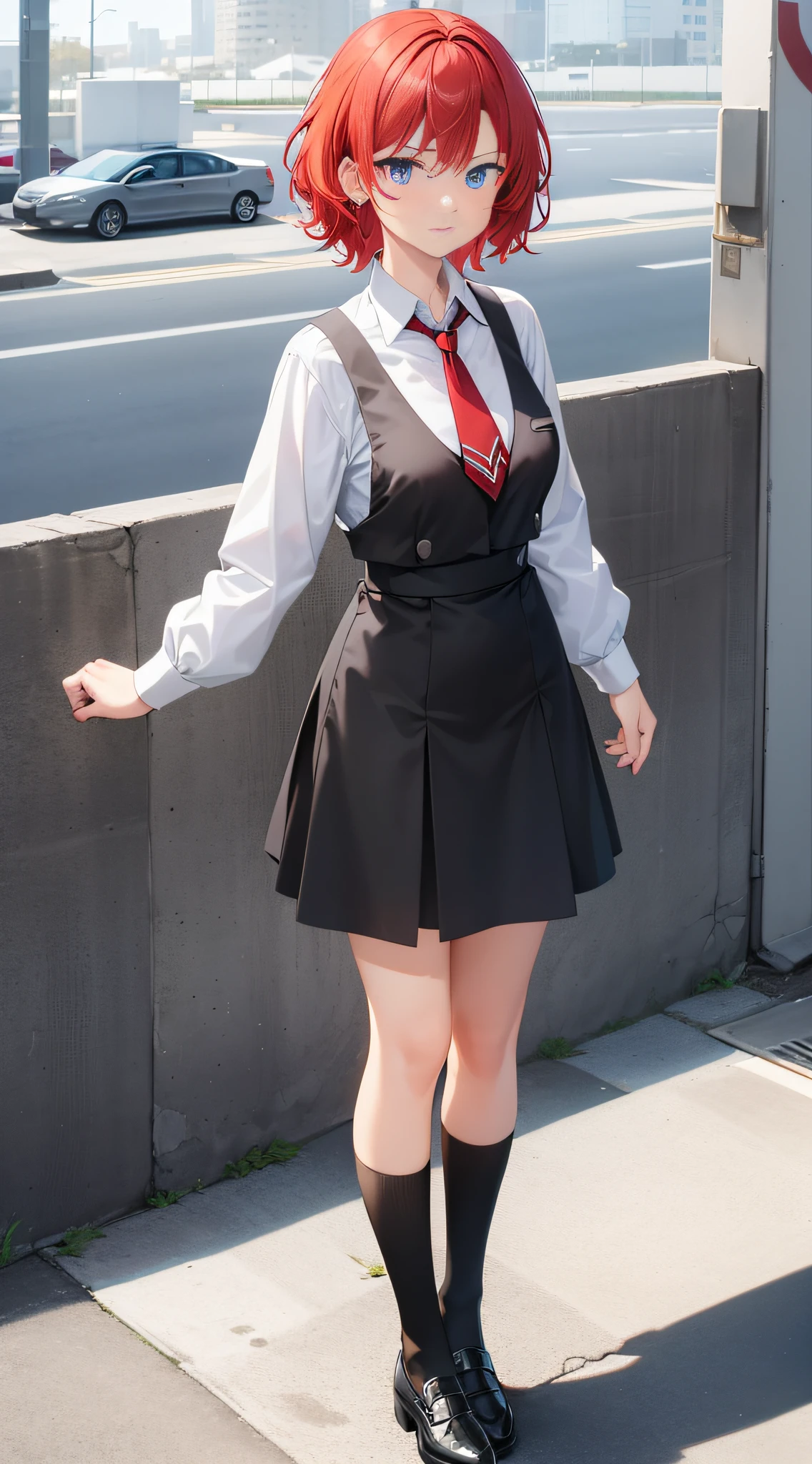 1girll;Short fiery red hair;messy hair style;Azuka blue eyes;Serious expressions;White shirt;grey necktie;standing on your feet;black cloaths;Medium build;black over-the-knee socks;Black flats;Good light;Vacant land;